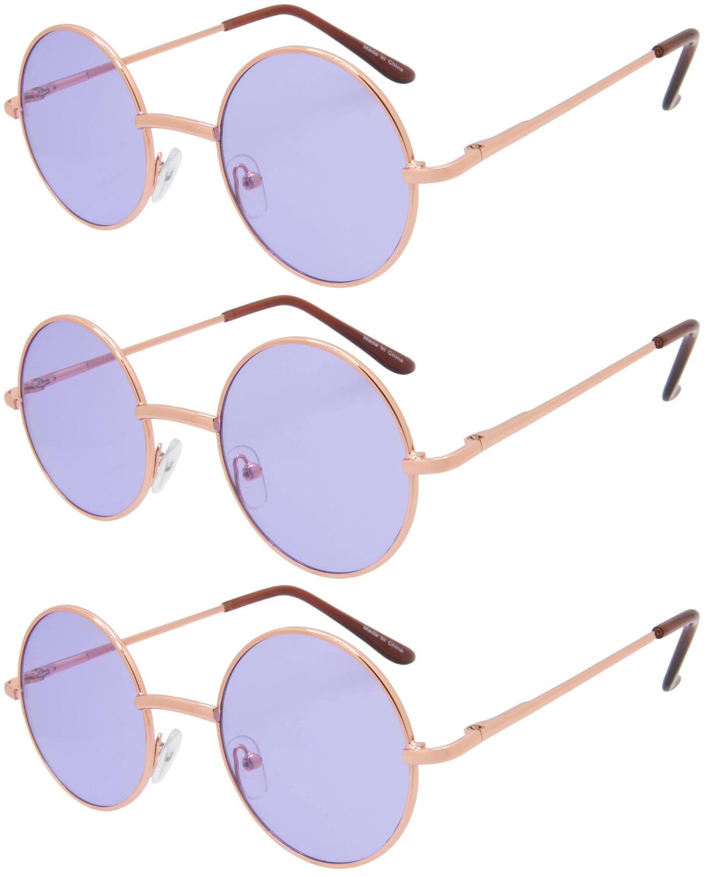 OWL Round Retro Vintage Purple Lens Sunglasses Gold Metal Frame 3 Pairs