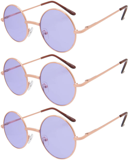 OWL Round Retro Vintage Purple Lens Sunglasses Gold Metal Frame 3 Pairs