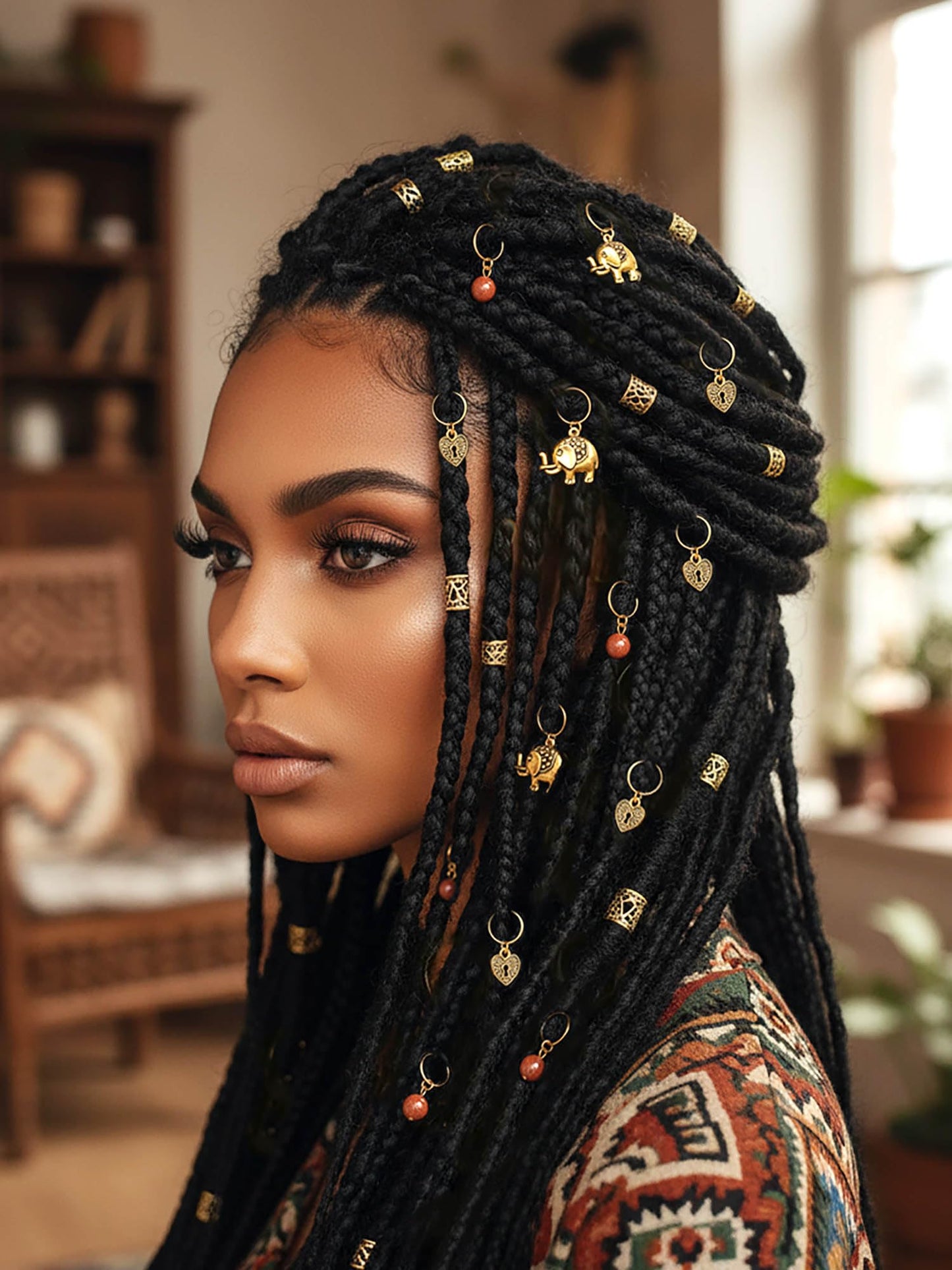 Formery Beads Dreadlock Clip Accessories Gold Elephant Box Braid Rings Heart African Hair Charms Jewelry for Black Women (13PCS)