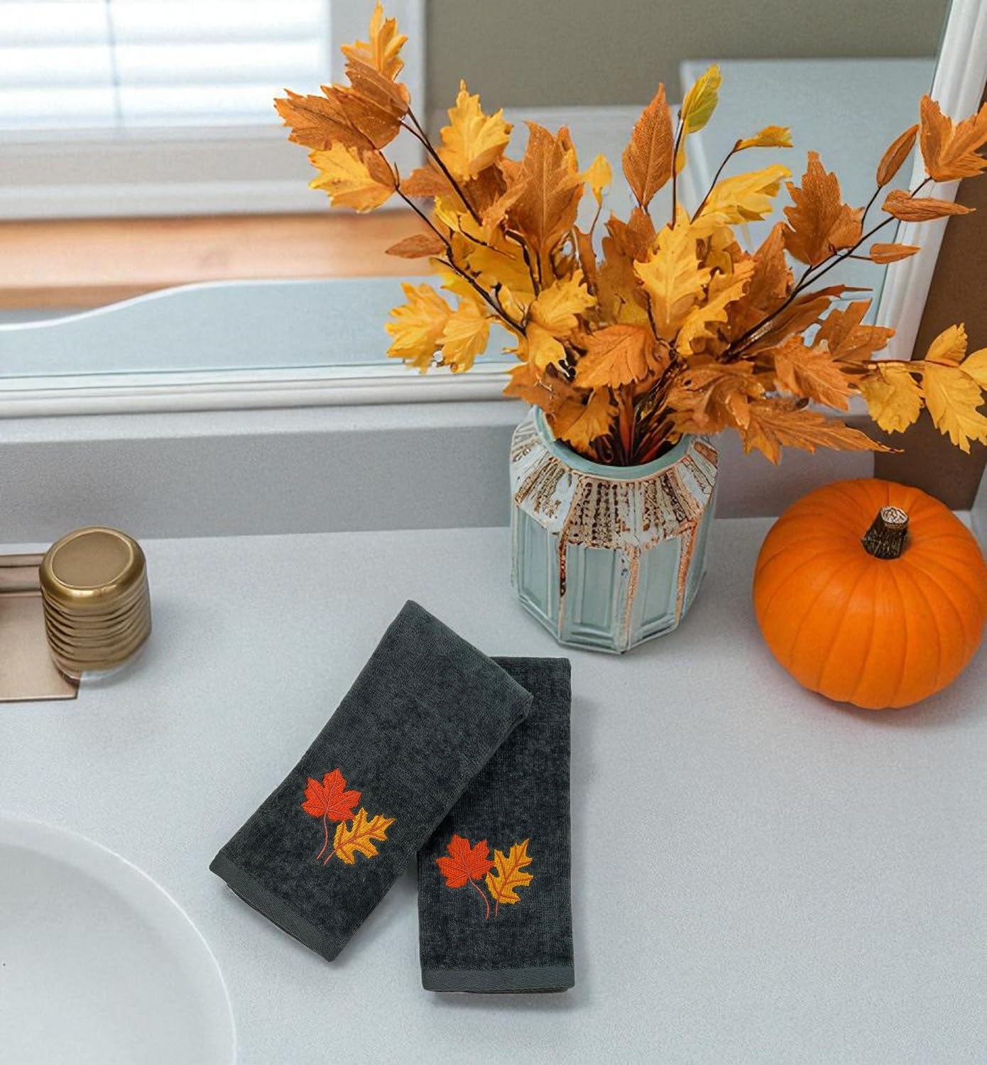 Serafina Home Harvest Fall Tip Towels: Plush Dark Grey Gray Cotton Towels with Autumn Leaf Design Set of 2, 12" x 18" Inch