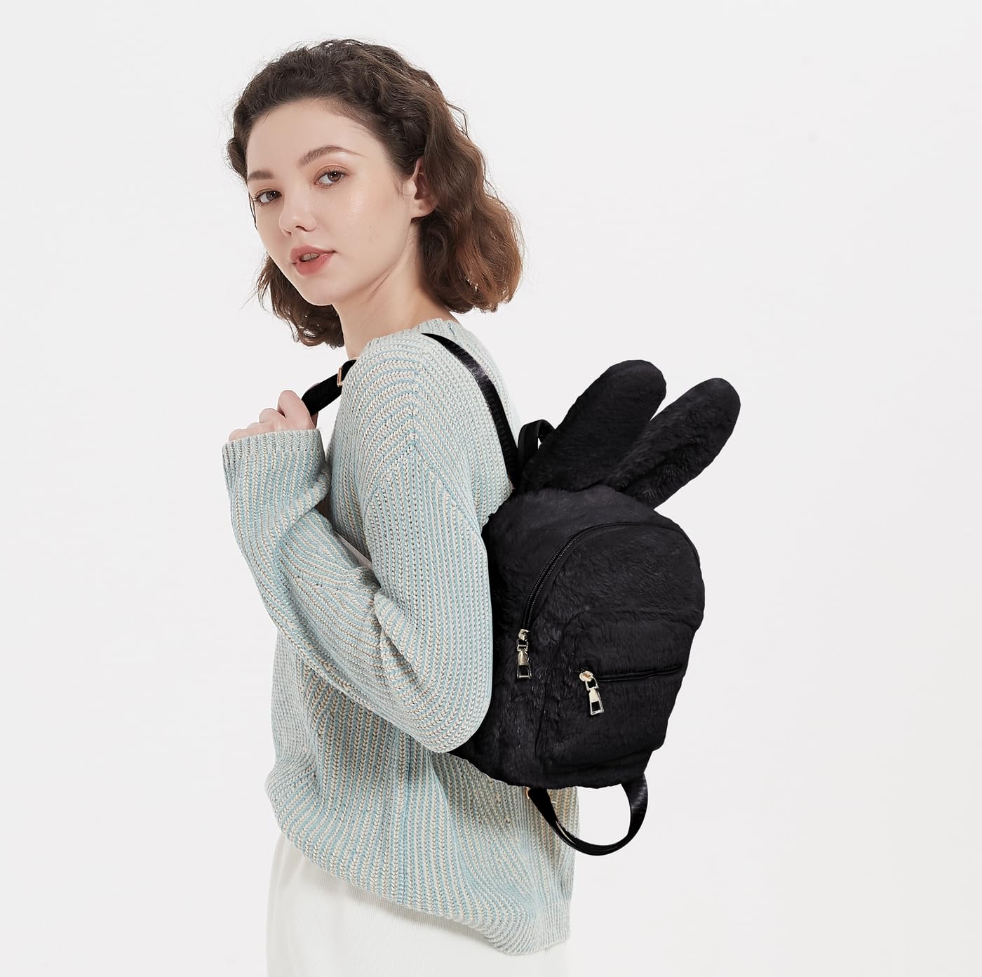 Gupiar Bunny Backpack, Fur Mini Backpacks for Womens Plush Rabbit Ear Satchel Fuzzy Bunny Purse Handbags (Black)