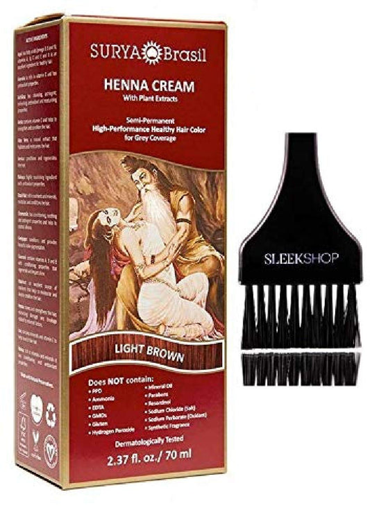 Surya Brasil All Natural HENNA Hair Color CREAM Plant Extracts, Semi-Permanent for Grey Coverage (with Brush) Brazil (LIGHT BROWN)