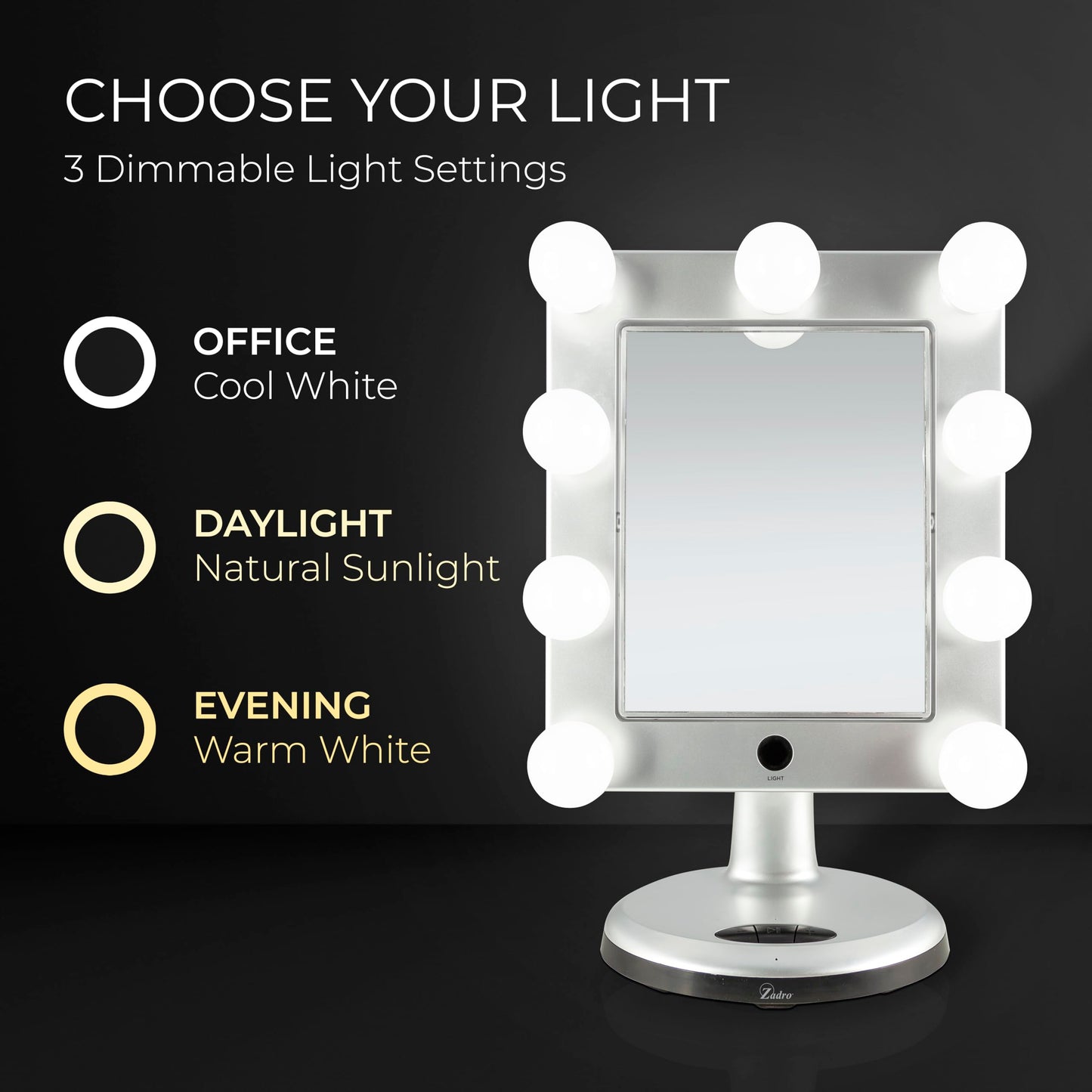Zadro Melrose LED Variable 3-Color Lighted Dual-Sided 5X/1X Magnification Bluetooth Vanity Beauty Makeup Hollywood-Style Mirror, Satin Nickel