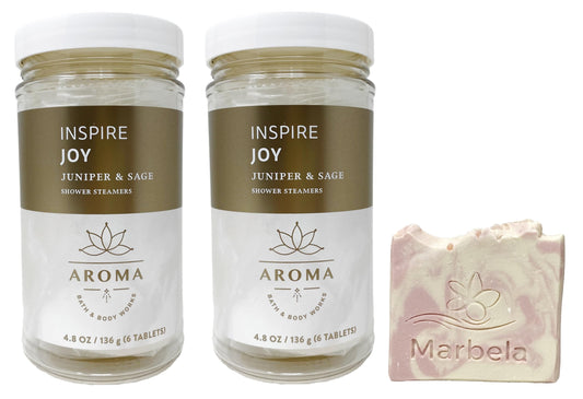 Bath & Body Works Aroma Inspire Joy Juniper & Sage Gift Set of 2 Shower Steamers with a Himalayan Salts Springs Sample Bar Soap Beauty and Personal Care Bath & Body Works