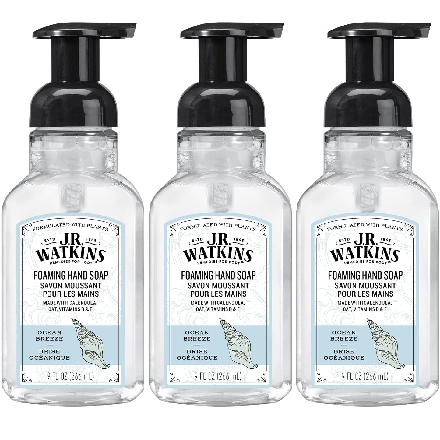 J.R. Watkins Foaming Hand Soap For Bathroom or Kitchen, Scented, Cruelty Free, 9 Fl Oz, Ocean Breeze, 3 Pack