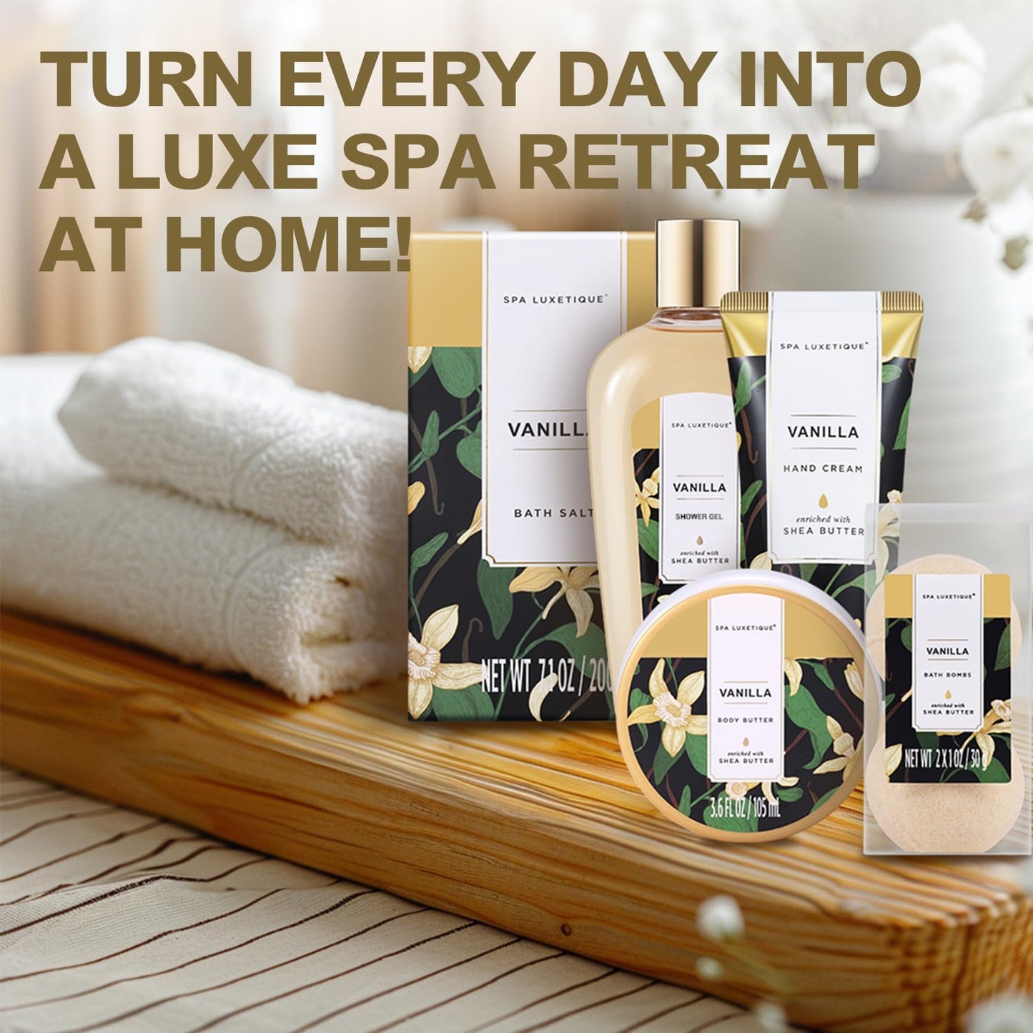 Spa Luxetique Spa Gift Baskets for Women - Vanilla Bath Set with Bubble Bath, Body Lotion Gift Set, Vanilla Spa Set, Birthday Woman Gifts, Mothers Day