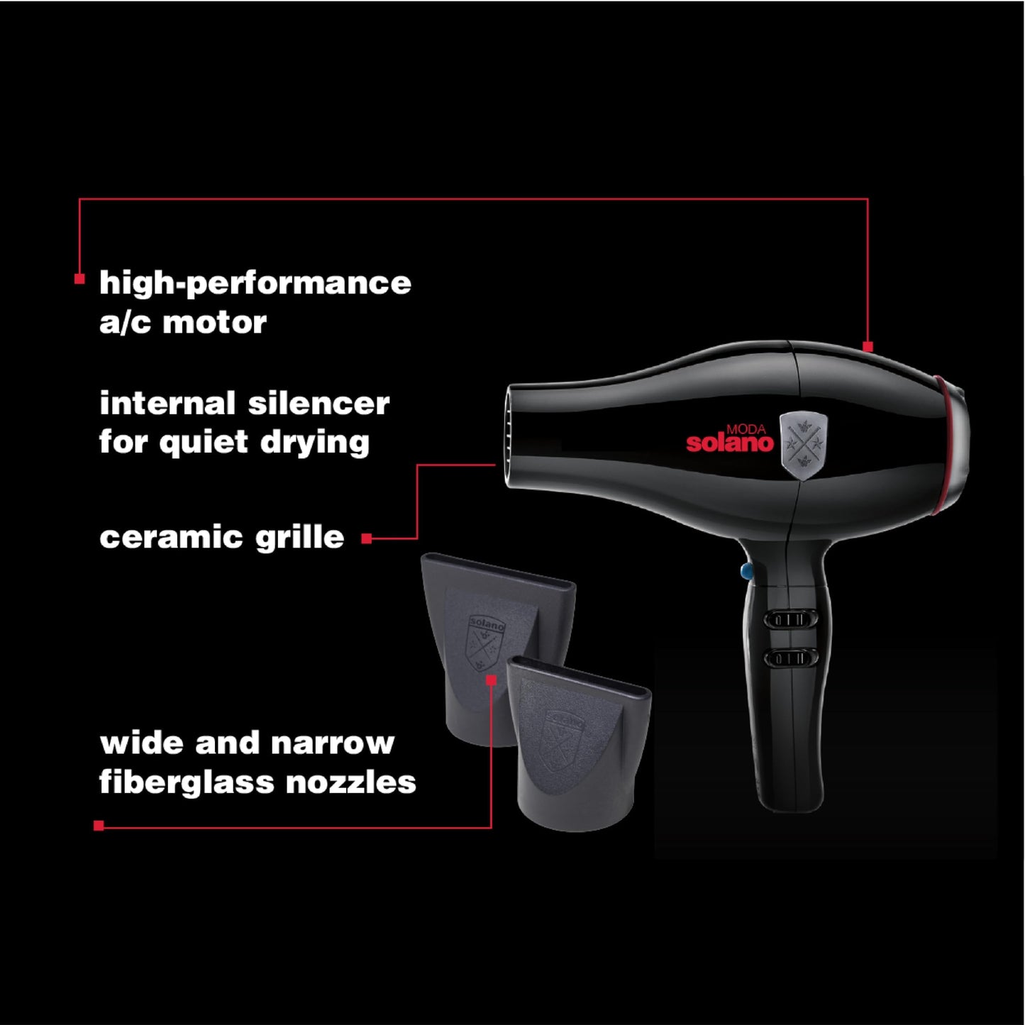 Solano Moda Fast Drying 2-Speed Ionic Hair Dryer | 1750 Watt + Internal Silencer + Far Infrared Heat| Smoothing Without Sacrificing Body or Bounce |