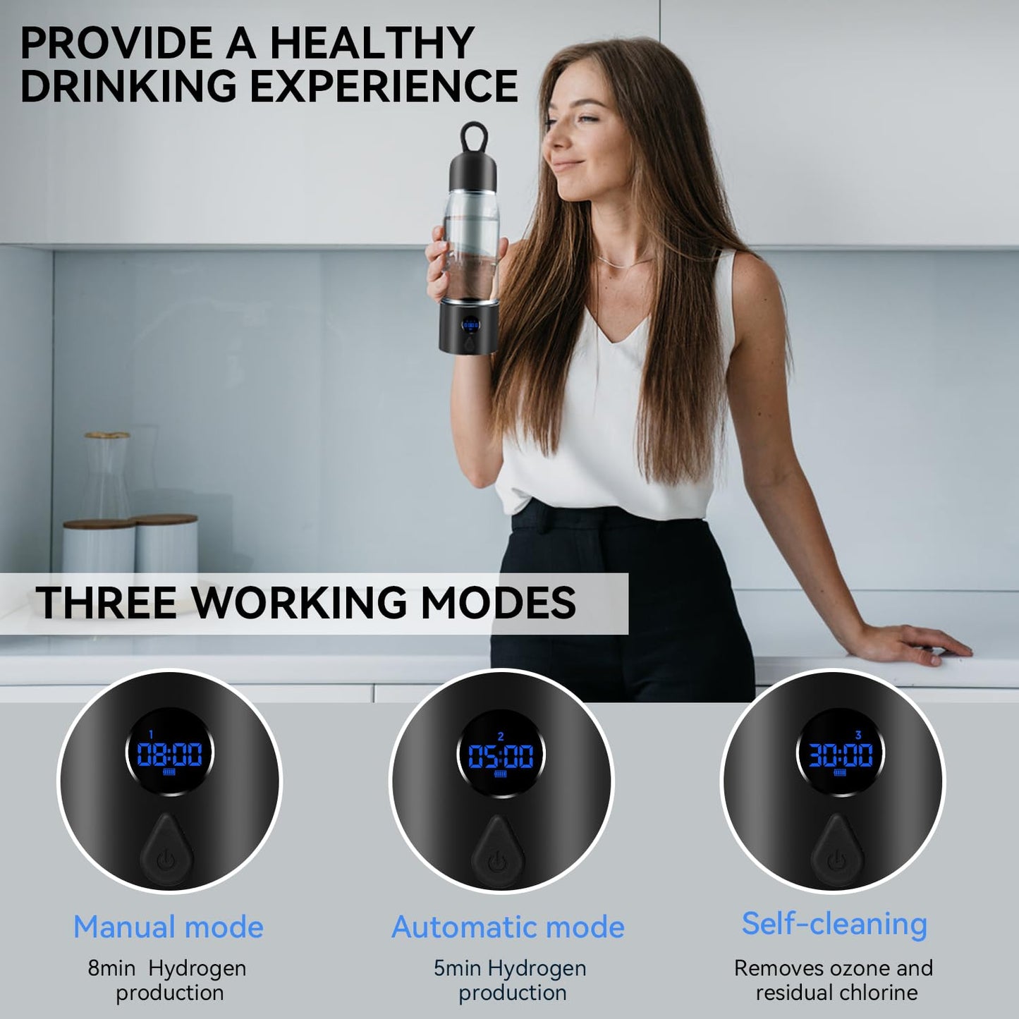 Hydrogen Water Bottle with Three Modes Produces 5000 PPB of Hydrogen Water in 8 Minutes,Made of Aluminium and Glass,with Colorful Light,Rechargeable