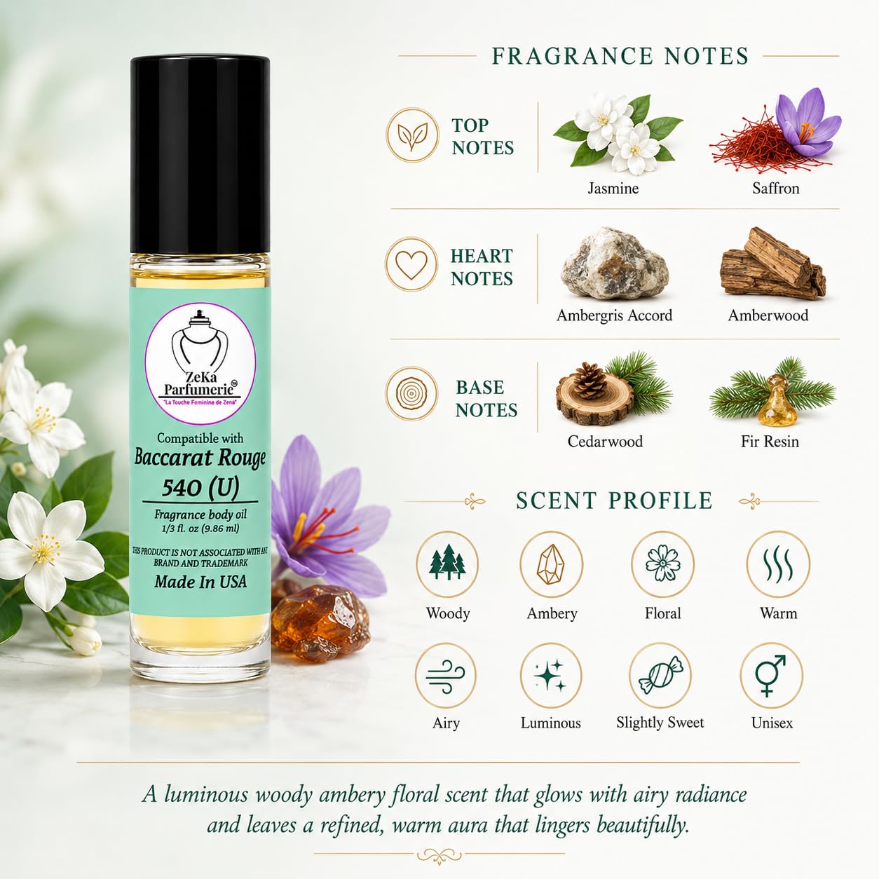 ZEKA PARFUMERIE Compare to Aroma and Compatible with Baccarat Rouge 540 for Woman and Men Fragrance Body Oil on 1/3 oz (9.86ml) size Roll-On Botlle