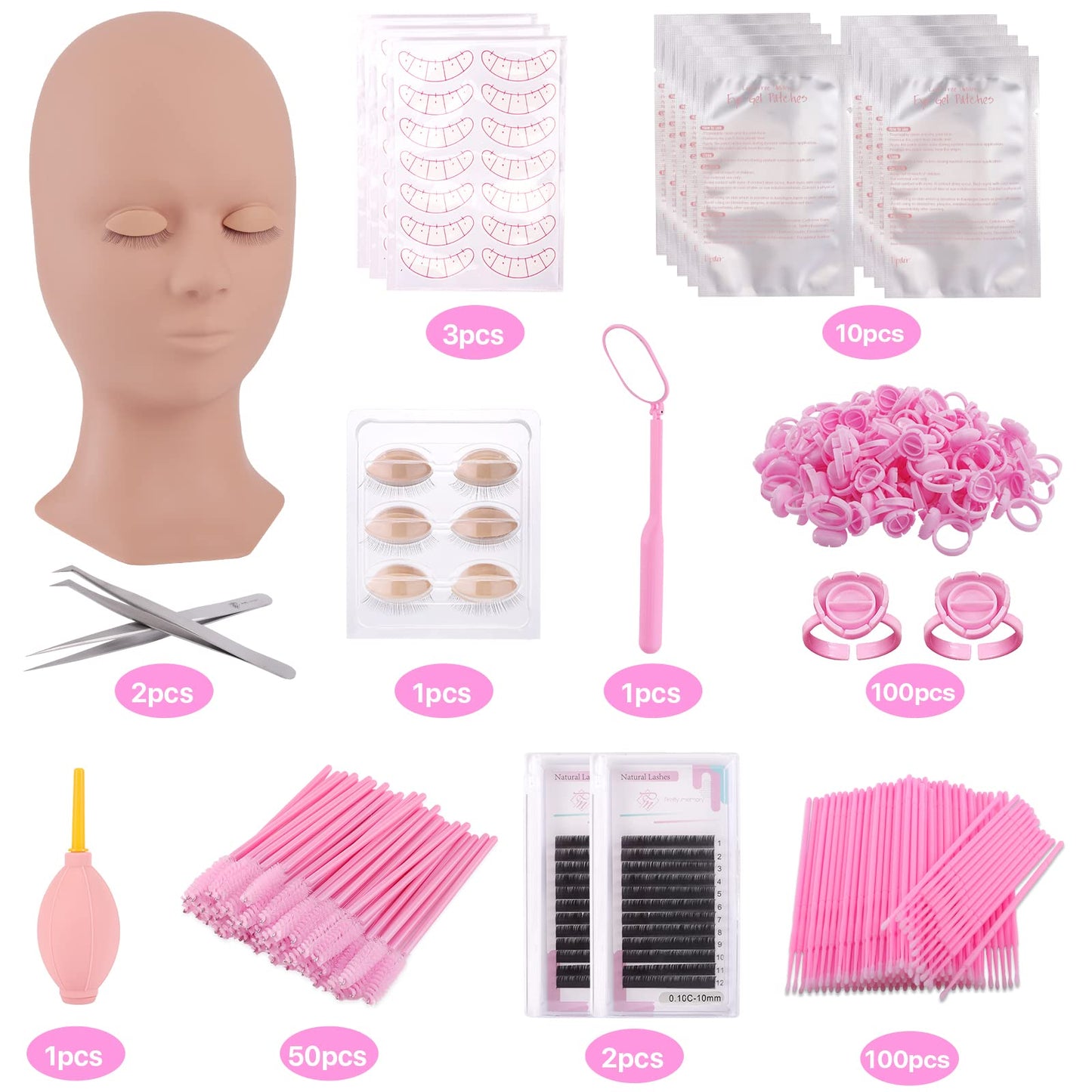 Pretty memory Eyelash Extension Kit for Beginners, Lash Extension Training Kit with Silicone Mannequin Head Removable Eyelids for Makeup and Eyelash