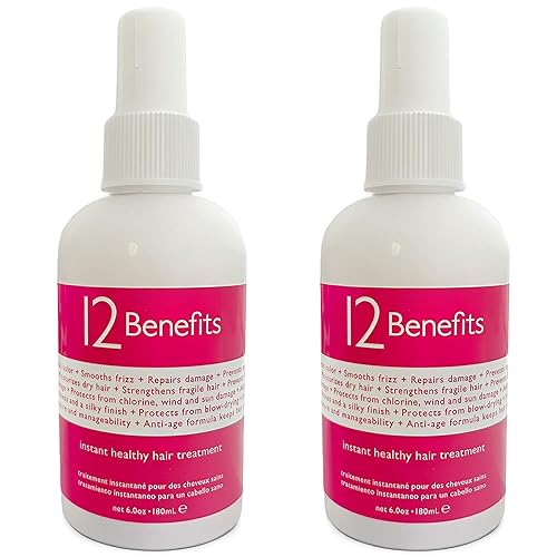 12 Benefits Instant Healthy Hair Treatment, Leave-In Conditioning, Smoothes Frizz, Strengthens & Repairs, Heat Protection Spray, 6 Fl Oz (Pack of 2)
