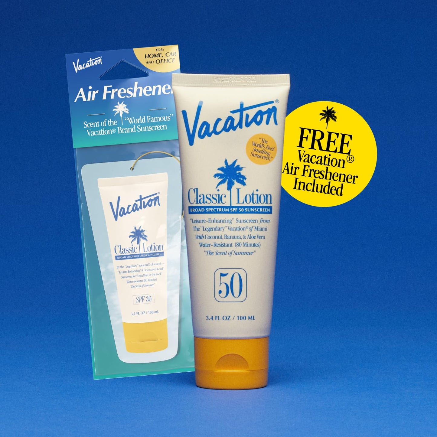 Vacation Classic SPF 50 Sunscreen Lotion and Air Freshener Bundle, 3.4 Fluid Ounces - Invisible, No White Cast, Water-Resistant, Dermatologist-Tested Beauty and Personal Care VACATION