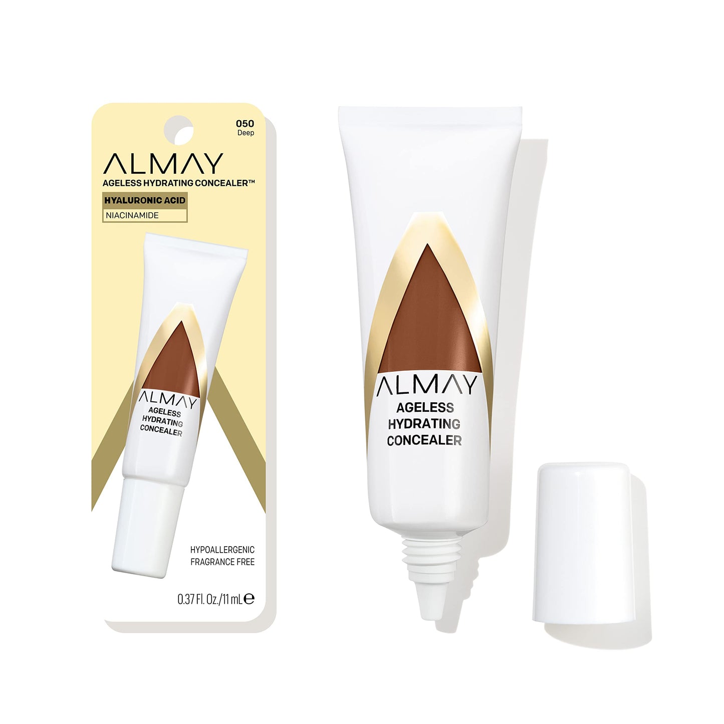 Almay Anti-Aging Concealer, Face Makeup with Hyaluronic Acid, Niacinamide, Vitamin C & E, Hypoallergenic-Fragrance Free, 050 Deep, 0.37 Fl Oz (Pack