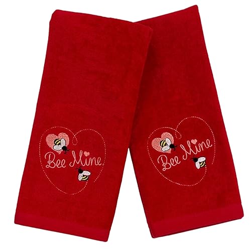 Serafina Home Soft Absorbent Funny Cotton Valentine Hand Towels: Embroidered Be Mine Bees Hearts on Red 2 Piece Set