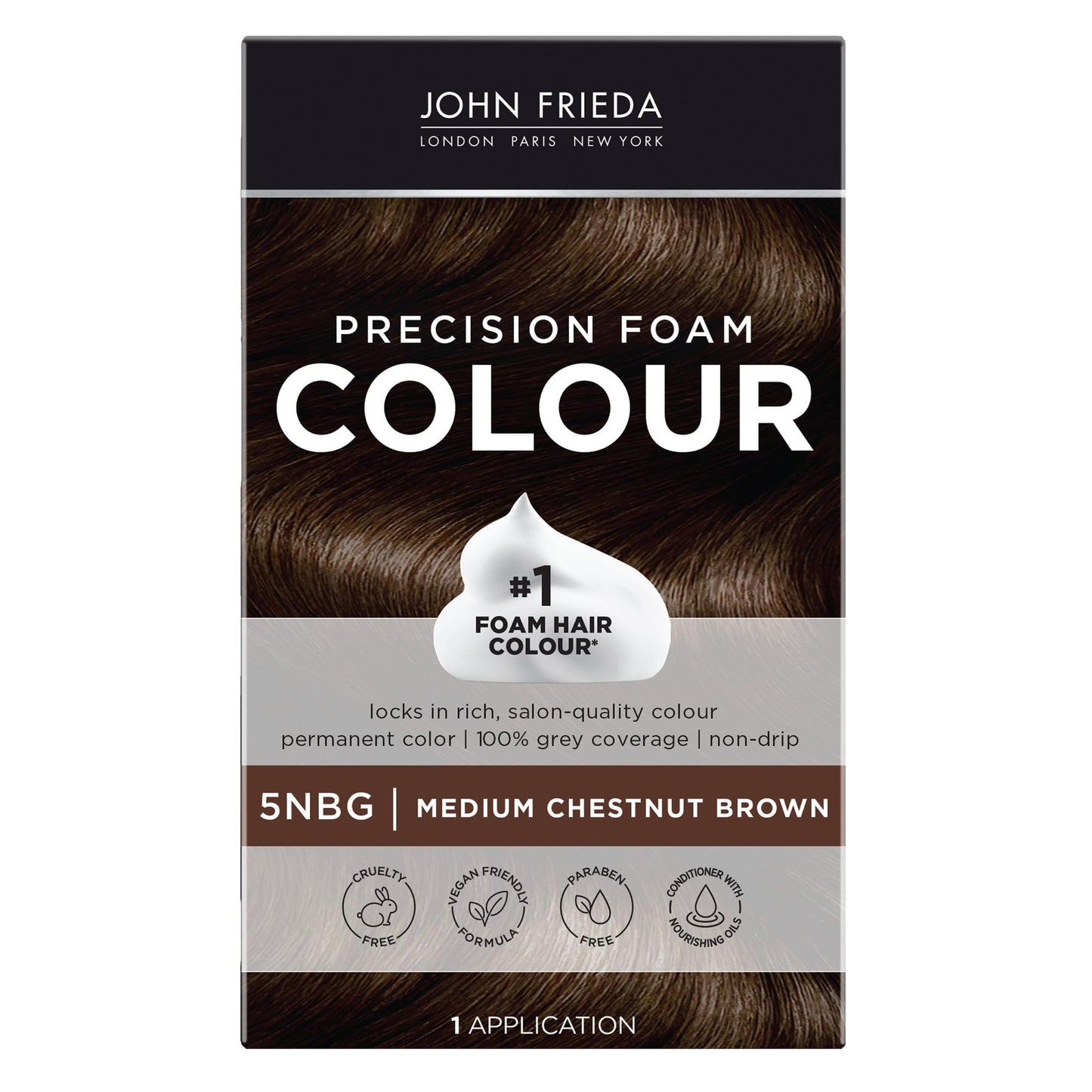 John Frieda Precision Foam Colour, Medium Chestnut Brown 5NBG, Full-coverage Hair Color Kit, Anti-Fade Gray Coverage, Deep Color Saturation Hair Dye