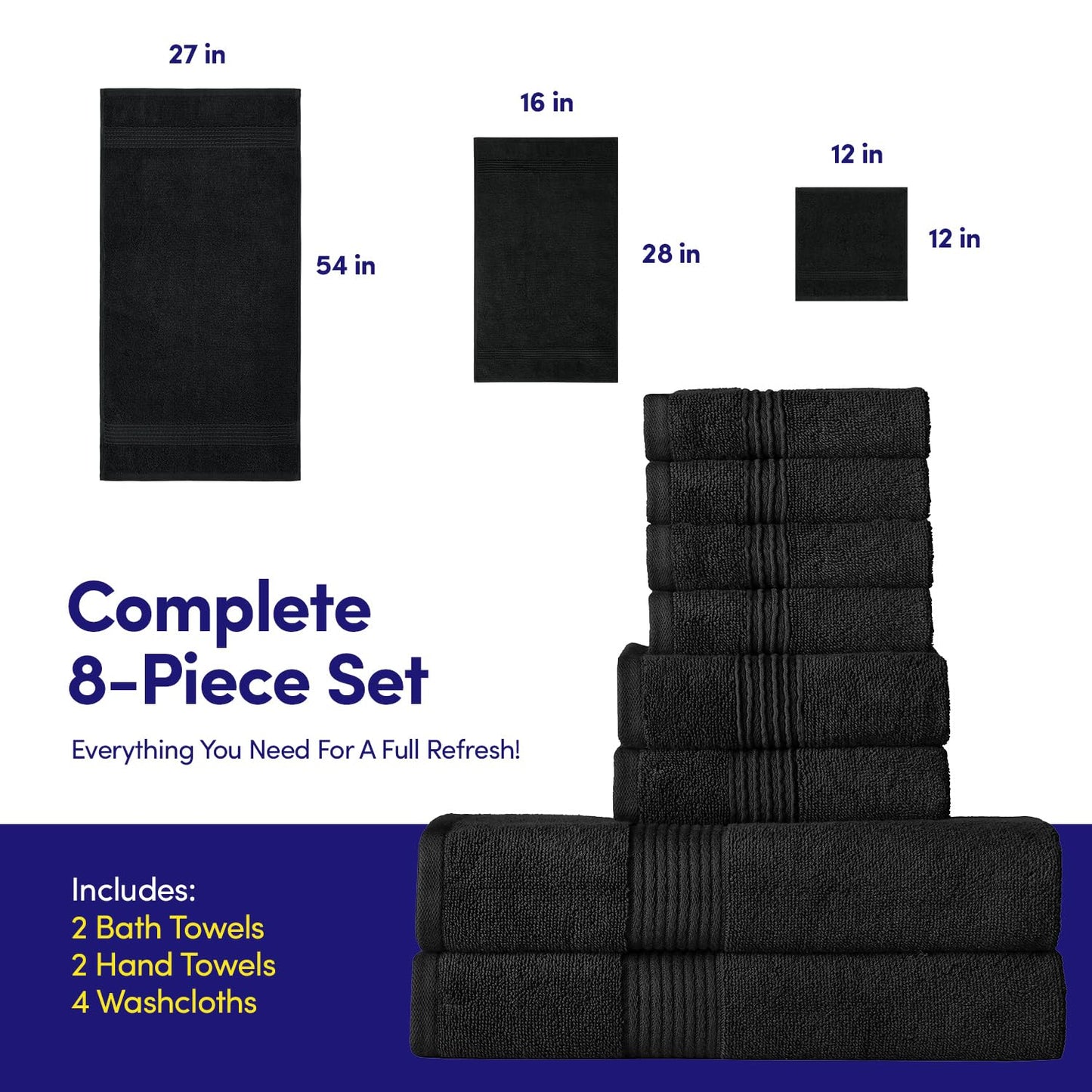 Bath Towels 8 Piece Towel Set - 100% Combed Cotton - Bath + Hand + Washcloths - Oeko-TEX Certified Soft & Absorbent Towels with Durable…