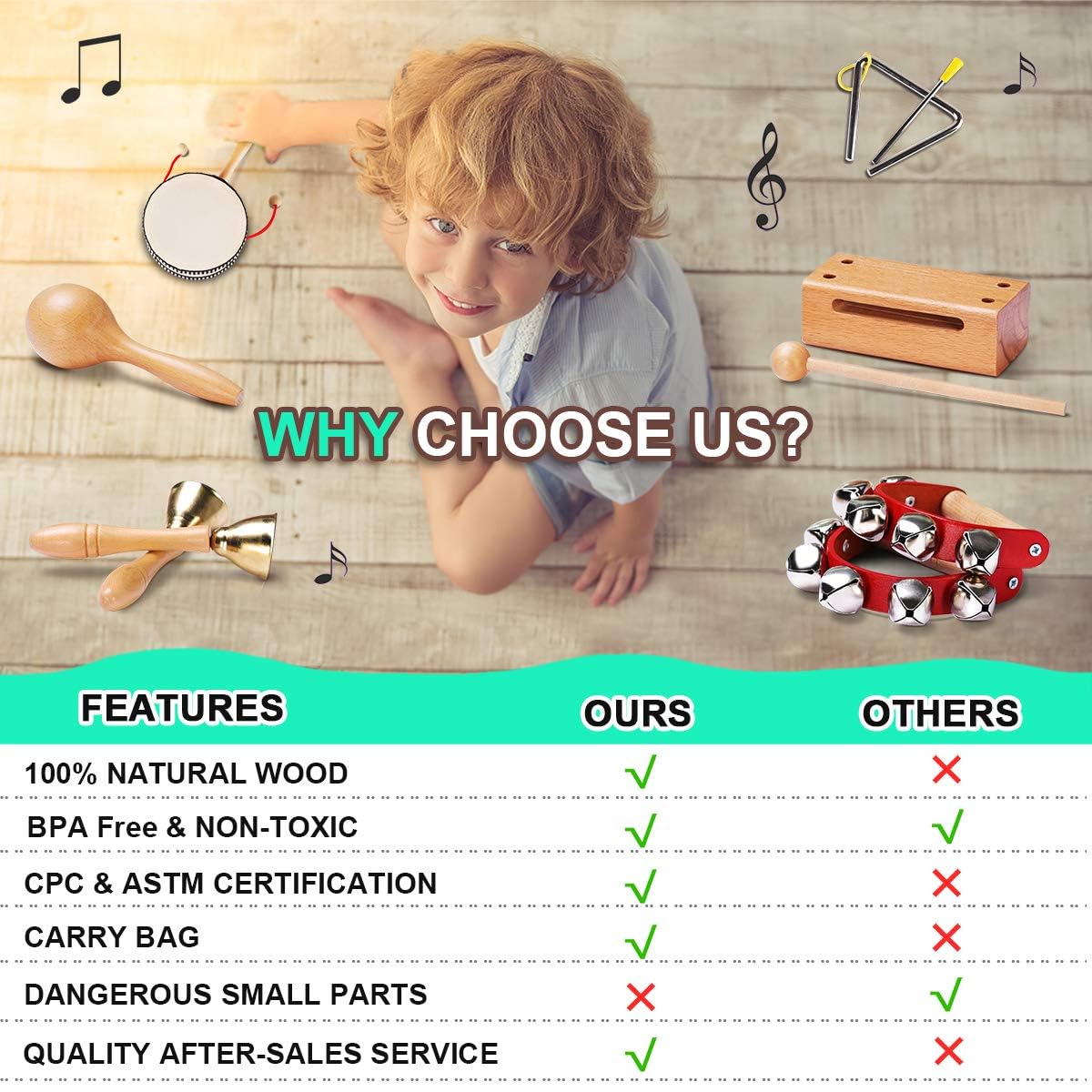 LOOIKOOS Toddler Musical Instruments – Montessori Wooden Percussion Set with Storage Bag, Educational Music Toys for Kids, Boys & Girls