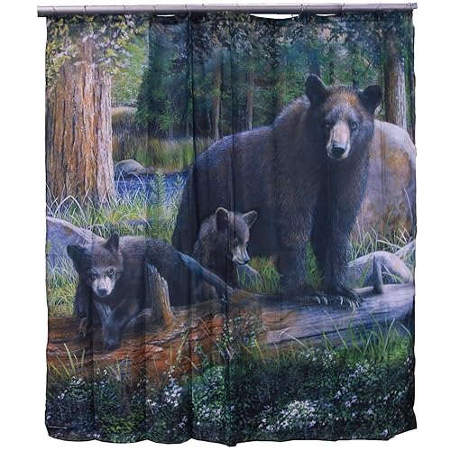 Marco De Leon Collections Backwoods Black Bear Family Scenic Woodland Forest Lodge Cabin Decorative 72" Shower Curtain