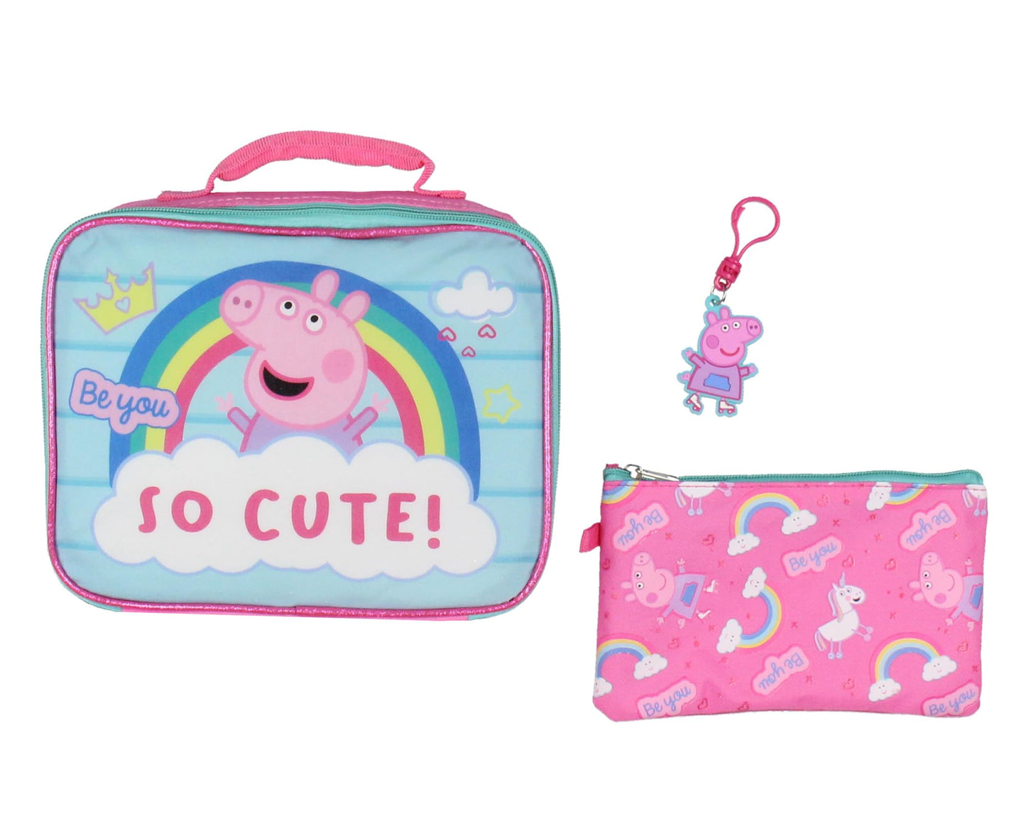 AI ACCESSORY INNOVATIONS Peppa Pig Backpack Kids School Travel Backpack Set With Lunch Box, Drawstring Bag, Pencil Case, and Rubber Molded Keychain