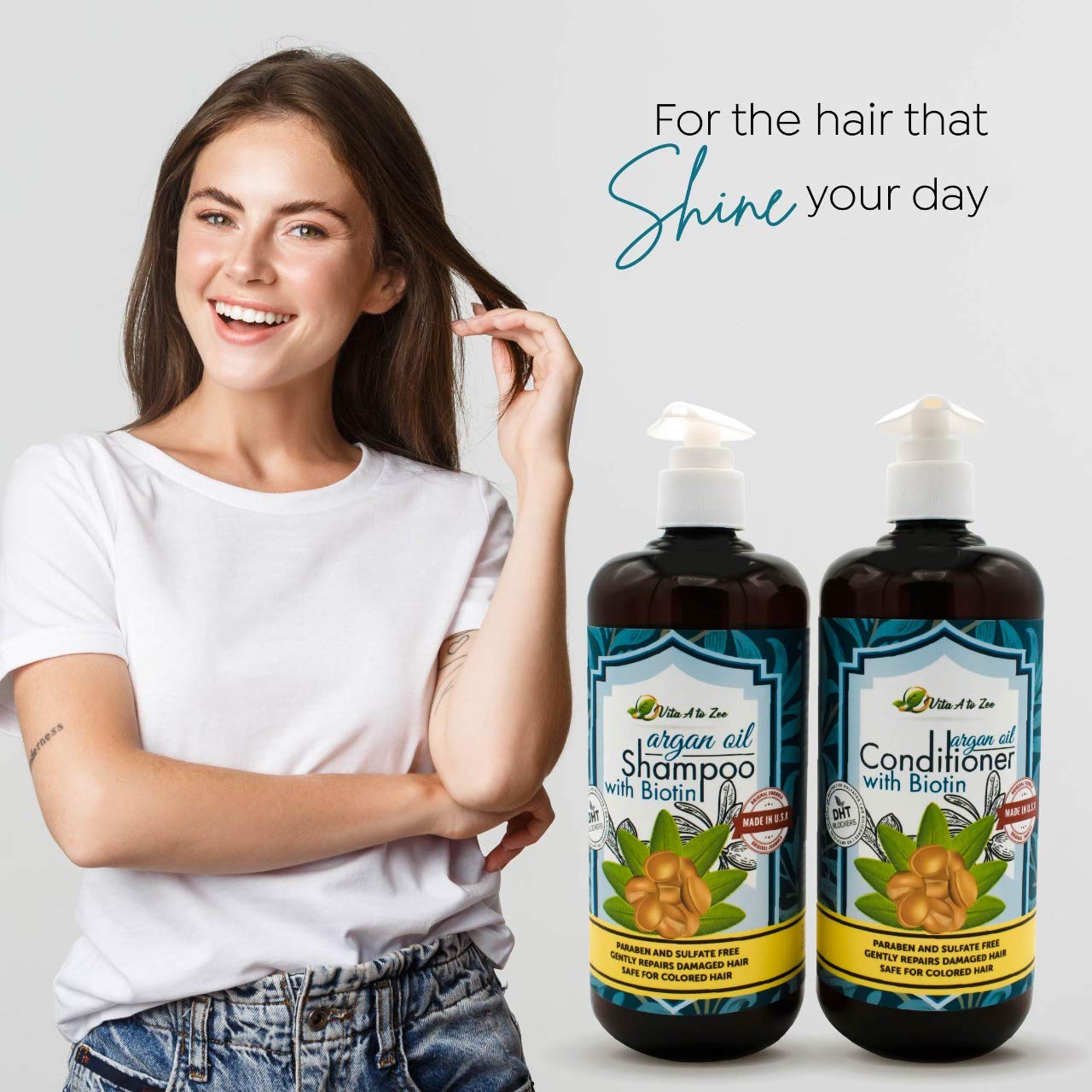Vita A to Zee Moroccan Argan Oil Biotin Shampoo & Conditioner Set (2 x 16.9 Fl Oz) | Natural Hair Repair, Moisturization & Conditioning Treatment