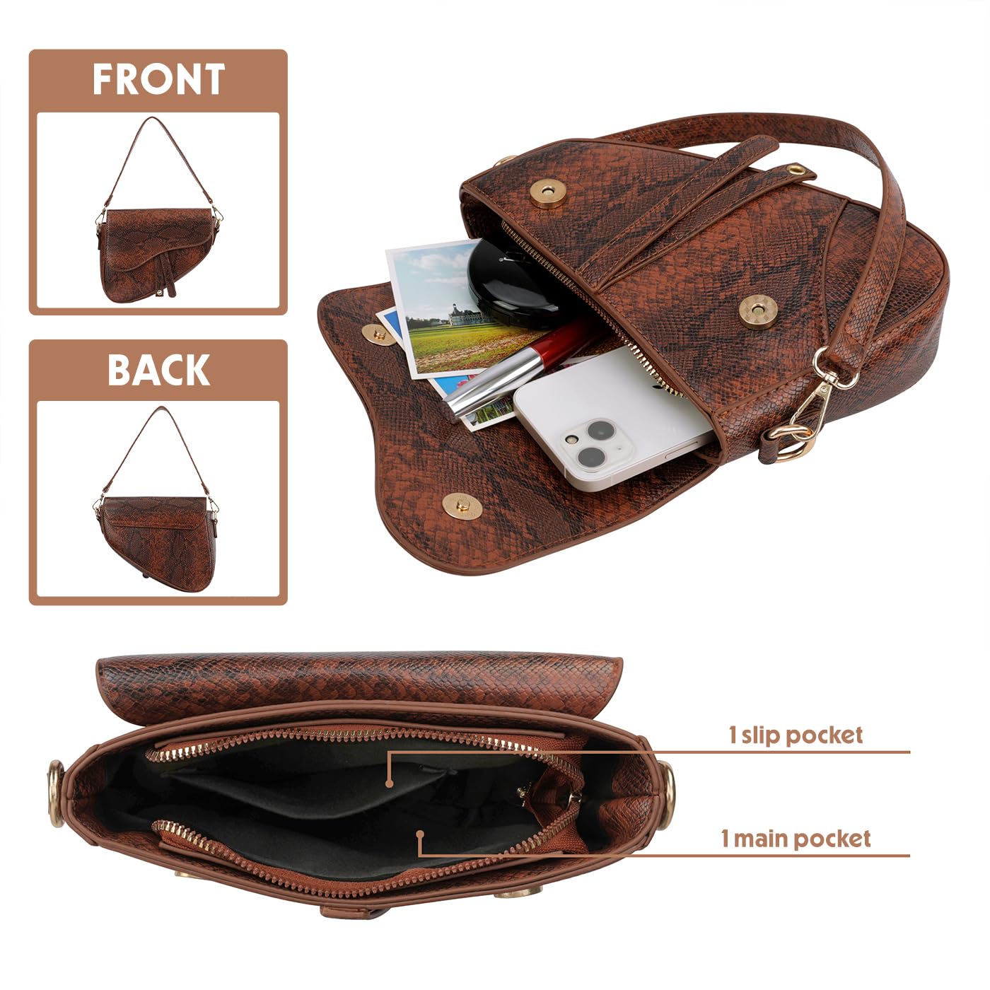 HDE Women's Saddle Shoulder Bag PU Leather Crossbody Purse Crocodile Handbag - Brown Snakeskin