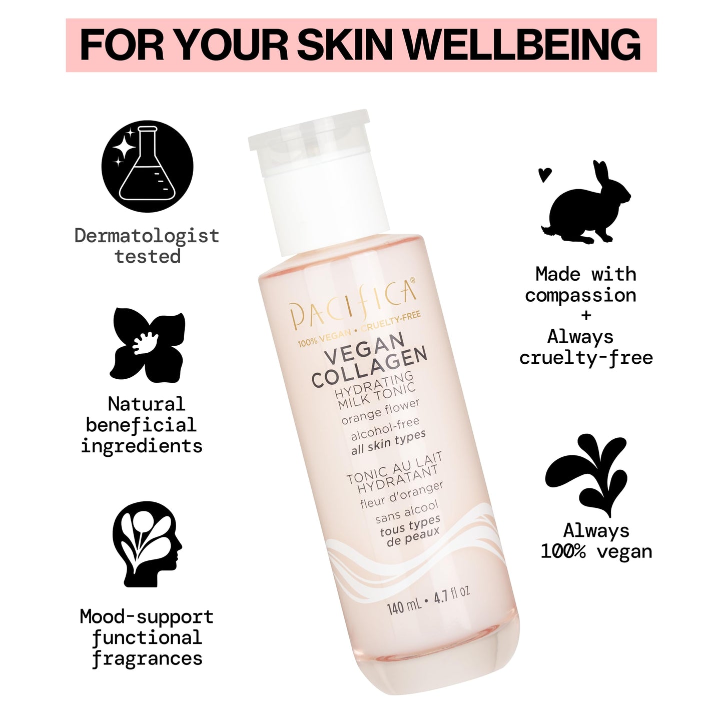 Pacifica Vegan Collagen Hydrating Milk Tonic - Alcohol-Free Milky Toner & Essence Moisturizing Vegan Collagen Face Tonic w/Hyaluronic Acid, Chamomile