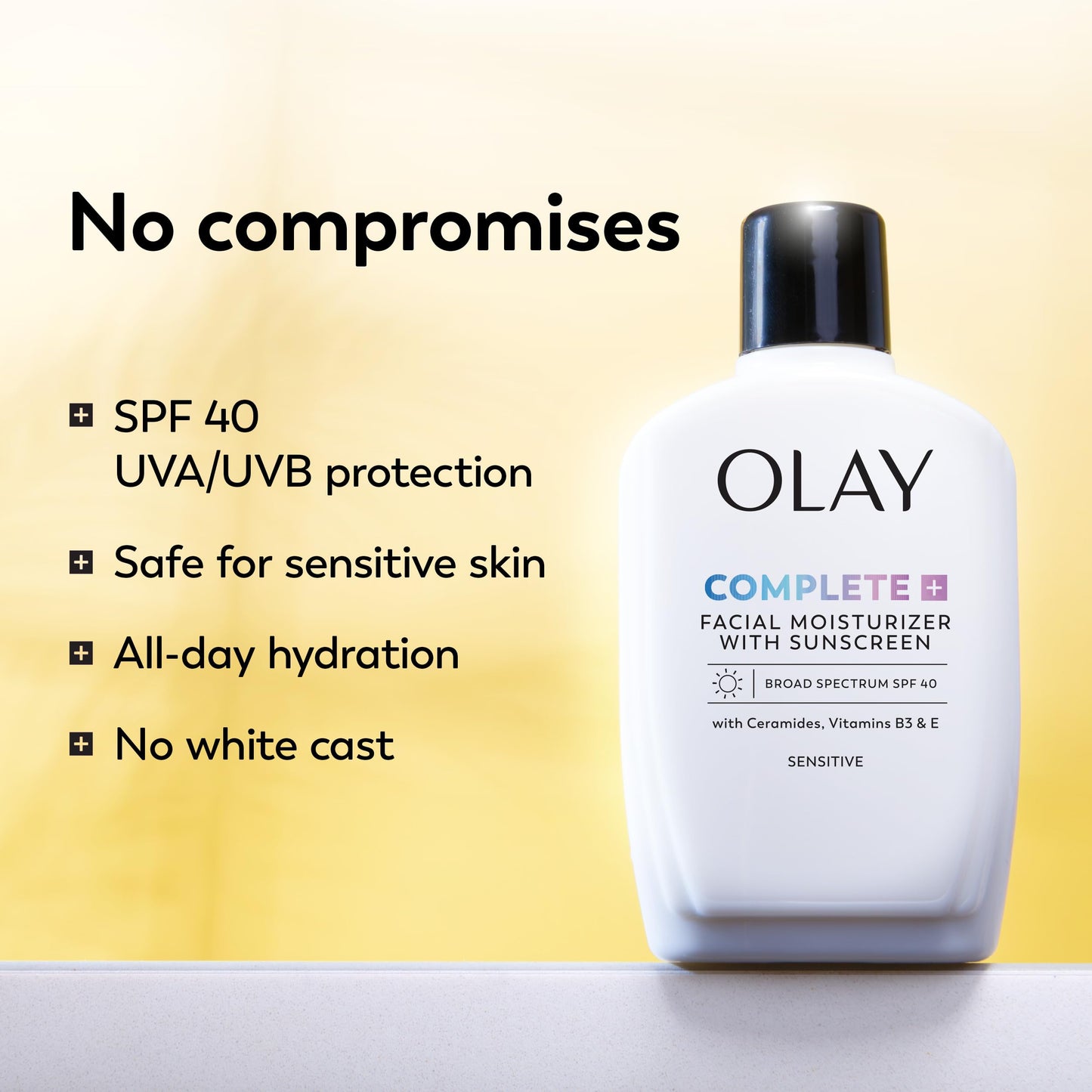 Olay Complete+ Face Moisturizer with Sunscreen SPF 40, For Sensitive Skin, Broad Spectrum Sun Protection, Fragrence-Free - No White Cast on All Tones