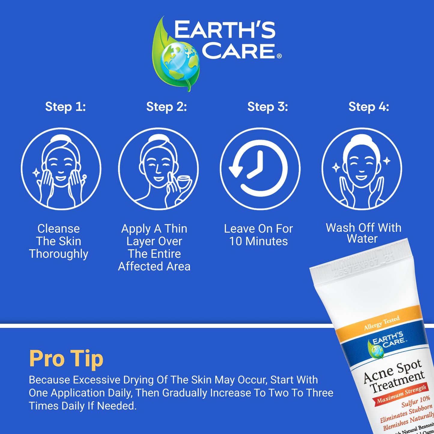 Earth's Care Acne Spot Treatment - 10% Sulfur Cream Medication to Clear Cystic Acne, Pimples and Blackheads on Face and Body (Tube 0.97 OZ)