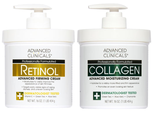 Advanced Clinicals Retinol Body Lotion + Collagen Cream Fragrance Free Face Moisturizer & Body Cream 2pc Skincare Set For Women & Men Helps Reduce