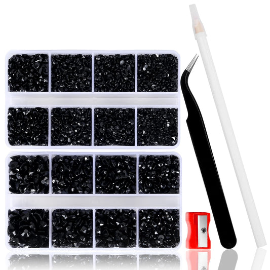 QPRETTY DU 10400 Black Rhinestones, Jelly Resin Crystals for Nails, Flatback Non Hotfix DIY Crystals with 15 cm Pencil Sharpener and Tweezer & Picker