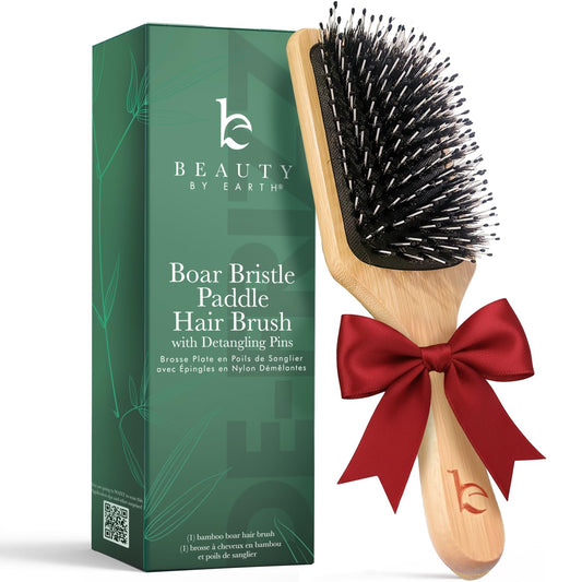 Boar Bristle Paddle Hair Brush - Smoothing Wood Brush for Thick, Curly & Wavy Hair, Detangling Natural Bristles for Women, Stimulates Scalp