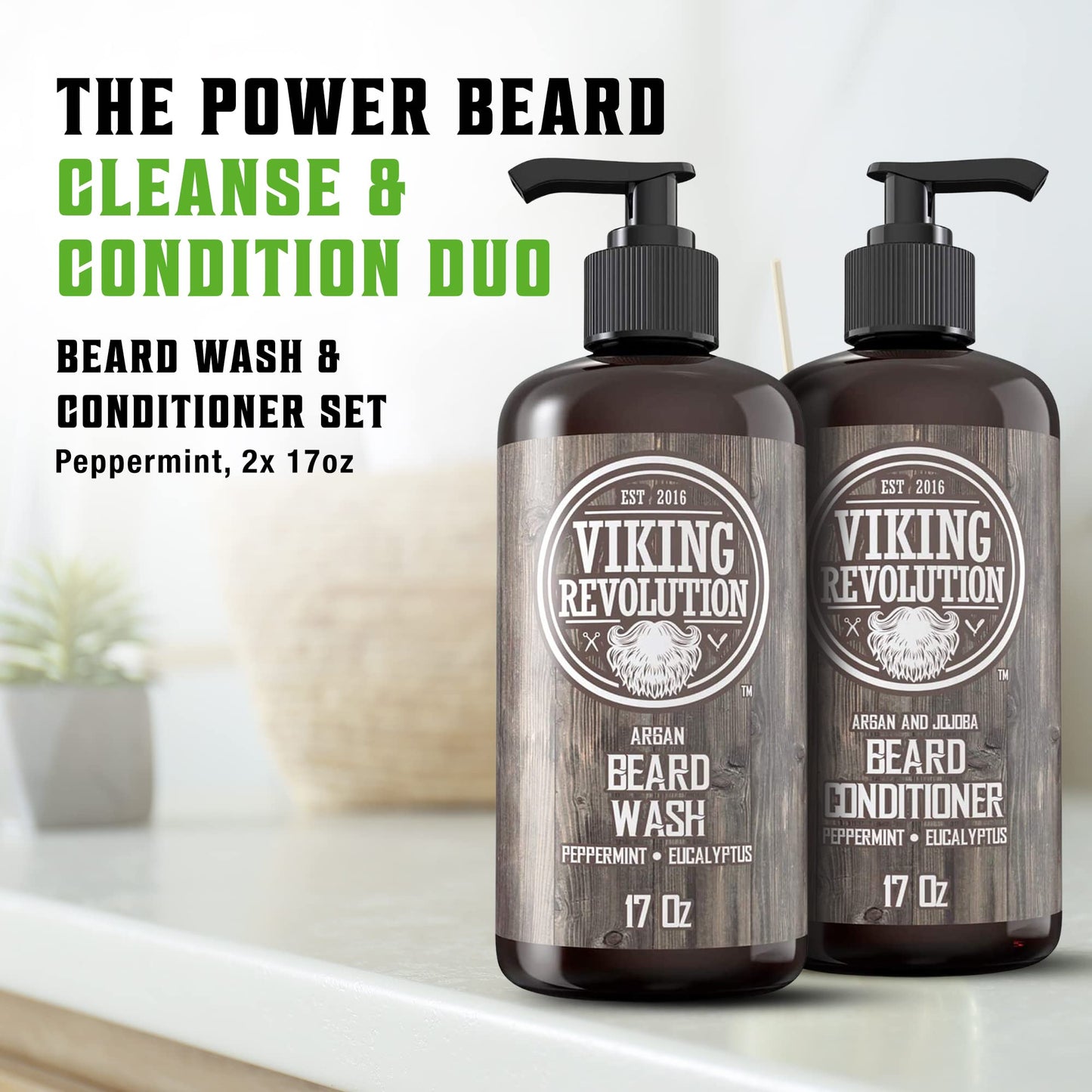 Viking Revolution Beard Wash & Conditioner Set w/Argan & Jojoba Oils - Softens, Smooths & Strengthens Beard Growth - Natural Peppermint and Eucalyptus