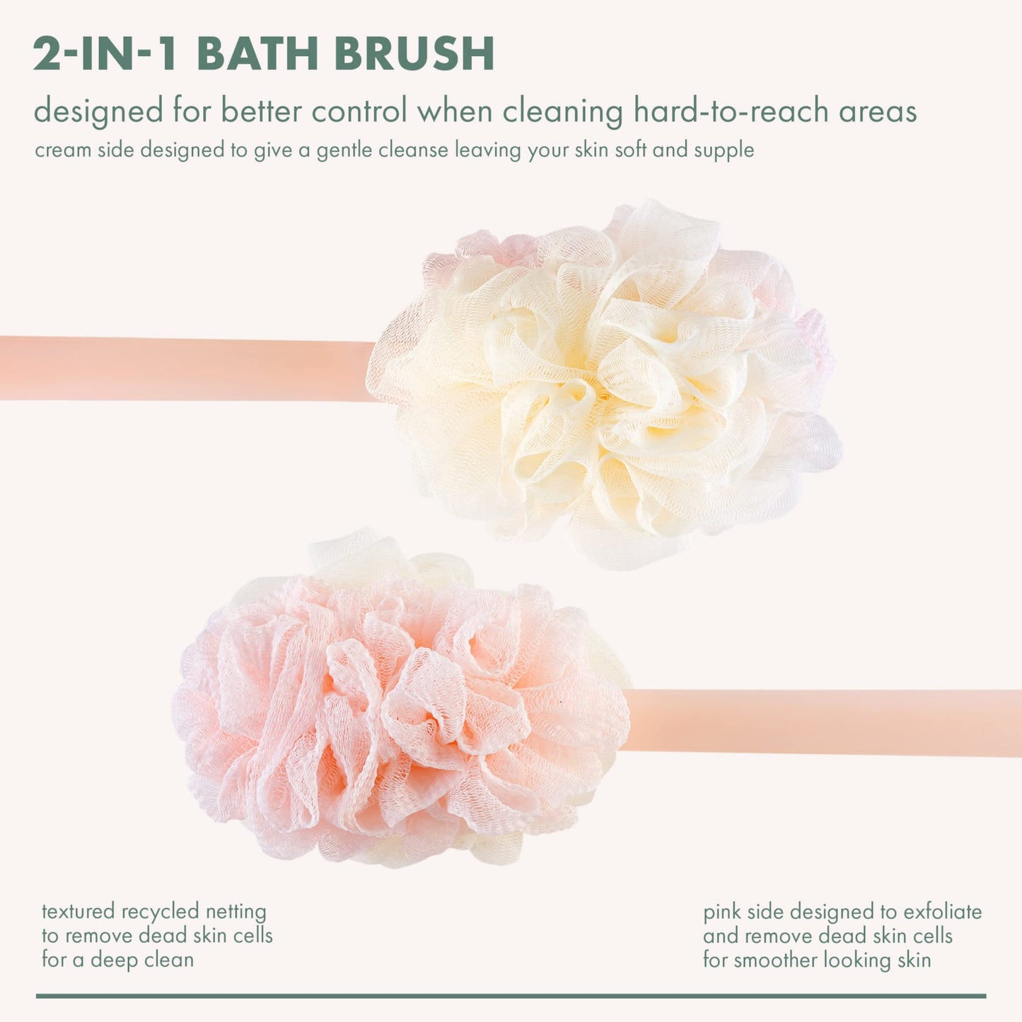 EcoTools 2-in-1 EcoPouf Bath Brush, Loofah Brush for Bath & Shower, with Long Handle & Recycled Netting for Cleansing & Exfoliating, Back Brush
