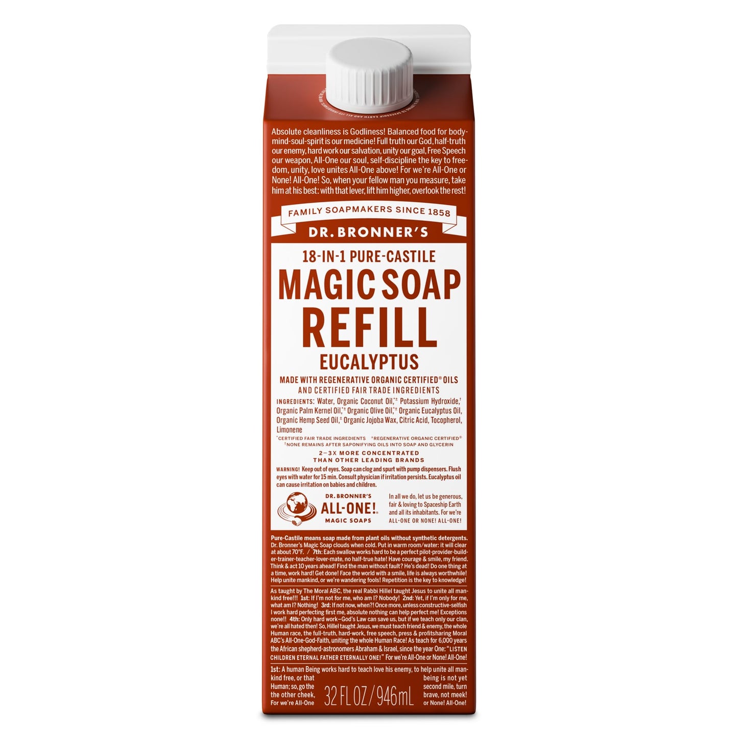 Dr. Bronner's Magic Soap-Pure-Castile Liquid Refill (Eucalyptus, 32 ounce, 1-Pack) - Regenerative Organic Certified Oils, For Body, Hair, Laundry