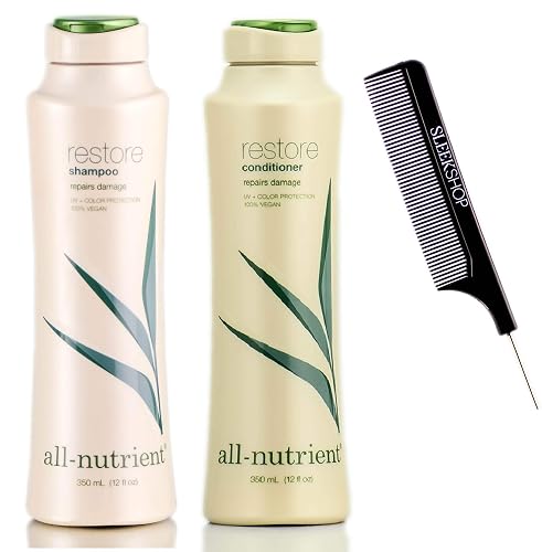 All-Nutrient RESTORE Shampoo & Conditioner DUO SET, Repairs Dry-Damaged Hair (w/Sleek Comb) UV+ Color Protection, 100% Vegan (12 oz + 12 oz DUO KIT)