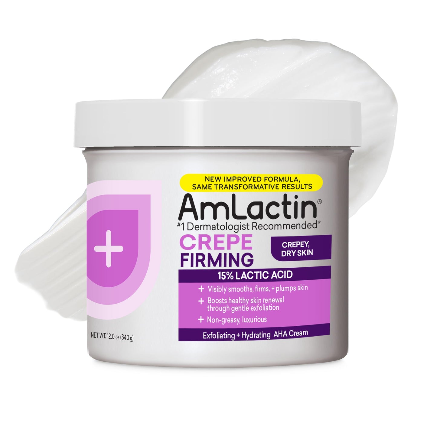 AmLactin Crepe Firming Cream - 12 oz Body Cream with 15% Lactic Acid - Exfoliator and Moisturizer for Crepey, Dry Skin (Packaging May Vary)