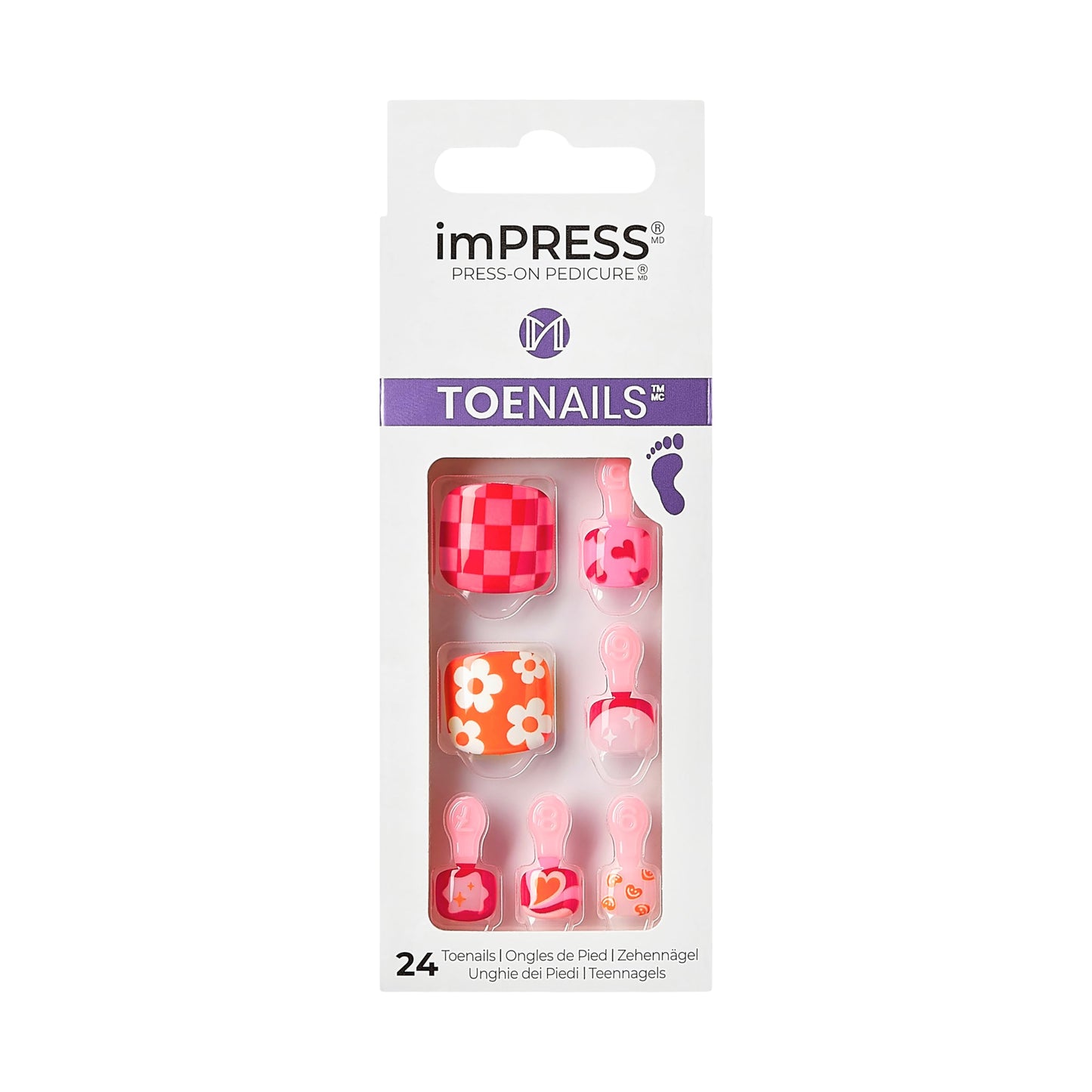 KISS Impress No Glue Pedi Press-On Toenails, Summer Retro Hot Pink & Orange Flower & Heart French Tip, Squoval Shape, Includes 24 Nails, Prep Pad, 1 Beauty & Personal Care KISS