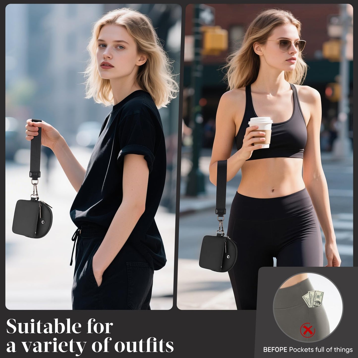 KeyChain Wallet Wristlet Wallets For Women Mini Zip Dual Pouch Wristlet (black+black)