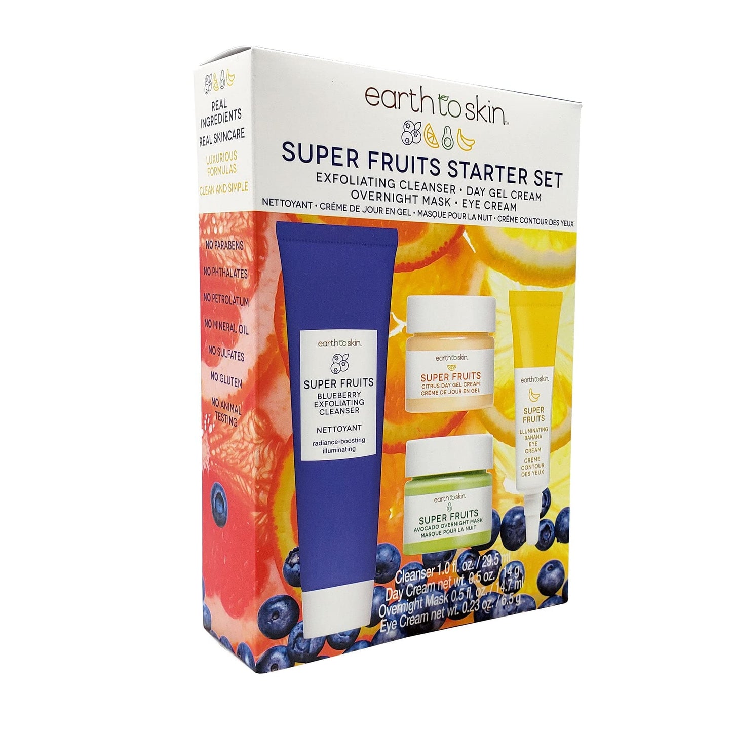 Earth To Skin Super Fruits Starter Set: Blueberry Exfoliating Cleanser (1.0 Fl Oz), Citrus Day Gel Cream (0.5 Fl Oz), Avocado Overnight Mask (0.5 Fl