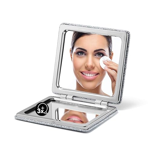 OMIRO Compact Mirror, Glitter PU 1X/3X Magnification, Ultra Portable for Purses (Silver)
