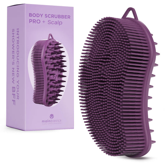 MainBasics Silicone Body Scrubber Dual-Sided Shower Loofah and Scalp Scrubber (Purple, Scalp)