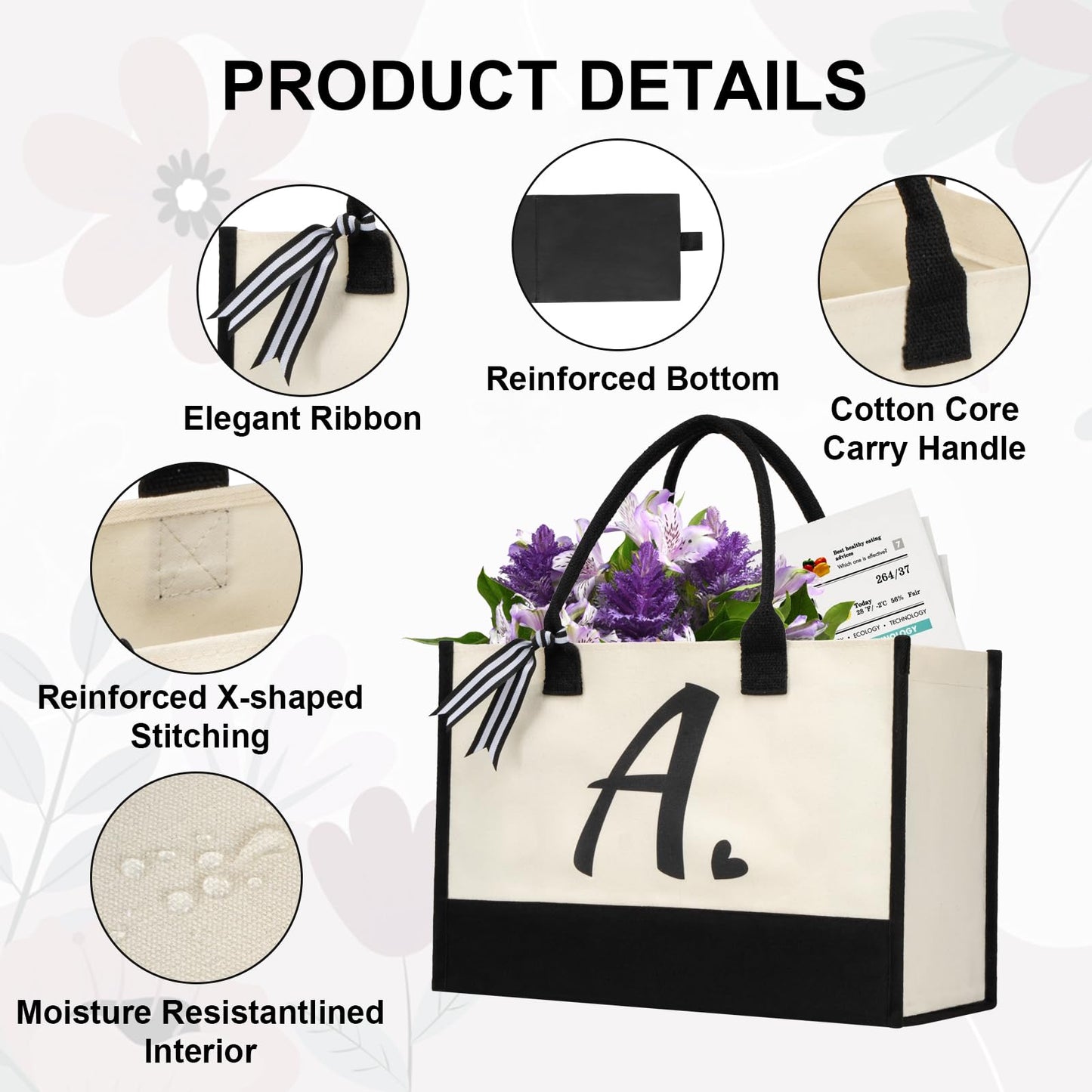 shenee Initial Canvas Tote Bag, Personalized Beach Jute Bag Present for Women Holiday, Friends Birthday Gift, Beach, Wedding (Letter M)