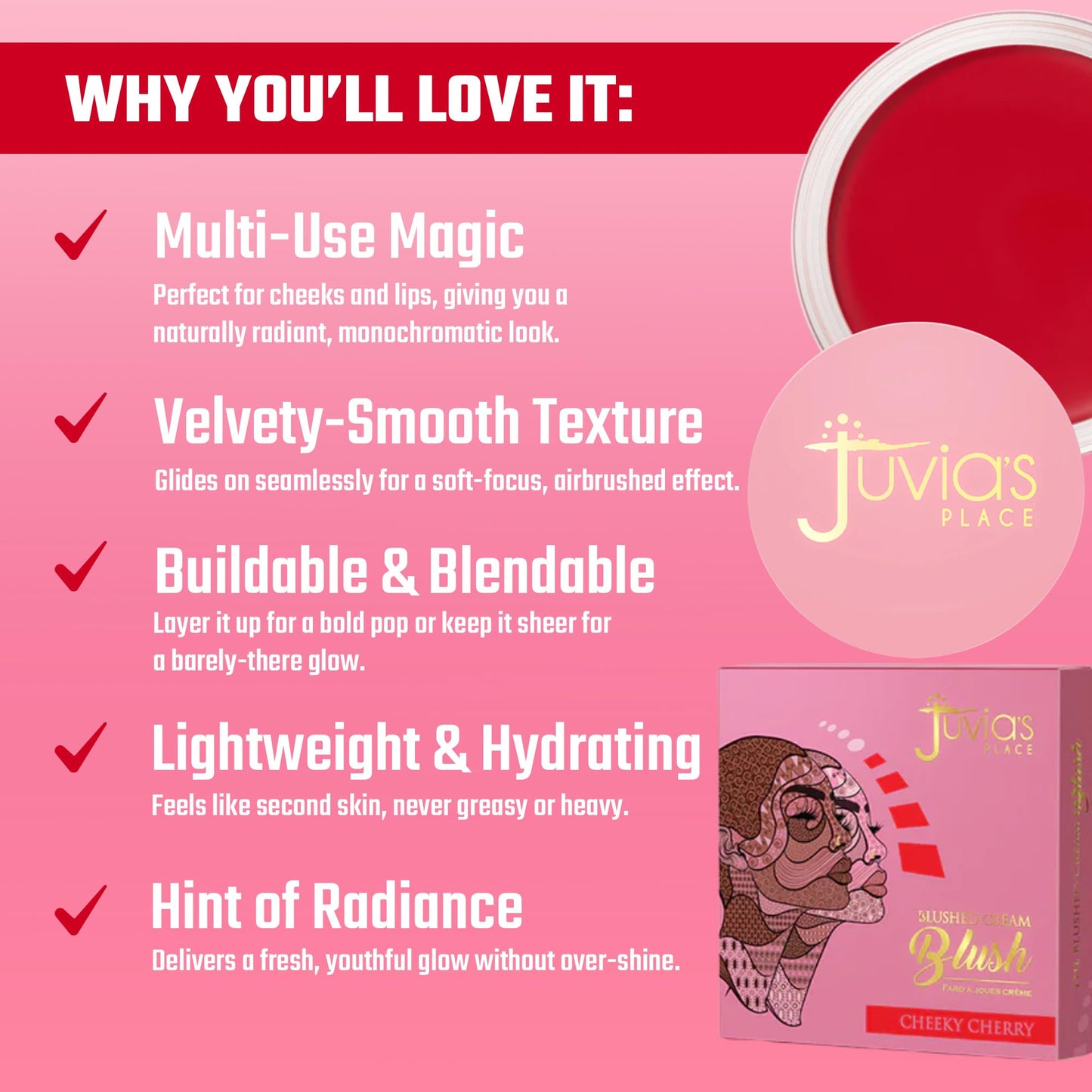 Juvia's Place Blushed Cream Blush - Cheeky Cherry - Multi-Purpose Cream Blush for Cheeks & Lips - 2in1 Formula, Smooth, Blendable Texture for a Soft
