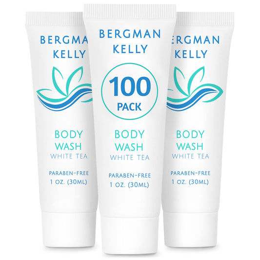 BERGMAN KELLY Travel Size Body Wash (1 fl oz, 100 PK, White Tea), Delight Your Guests with a Revitalizing and Refreshing Hotel Body Wash, Quality Mini