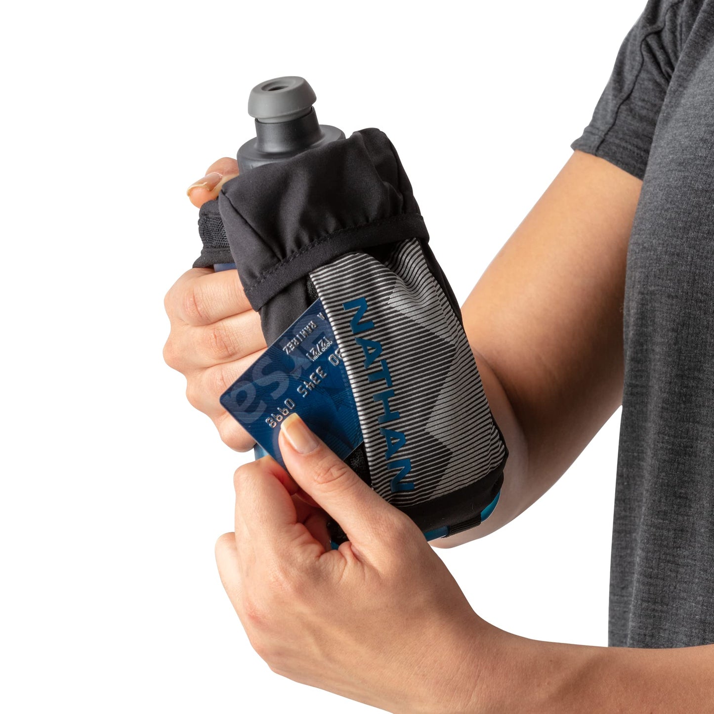 Nathan Running Handheld Quick Squeeze Water Bottle. No-Grip Adjustable Hand Strap. 12oz / 18oz / Insulated. Reflective Hydration Water Bottle.