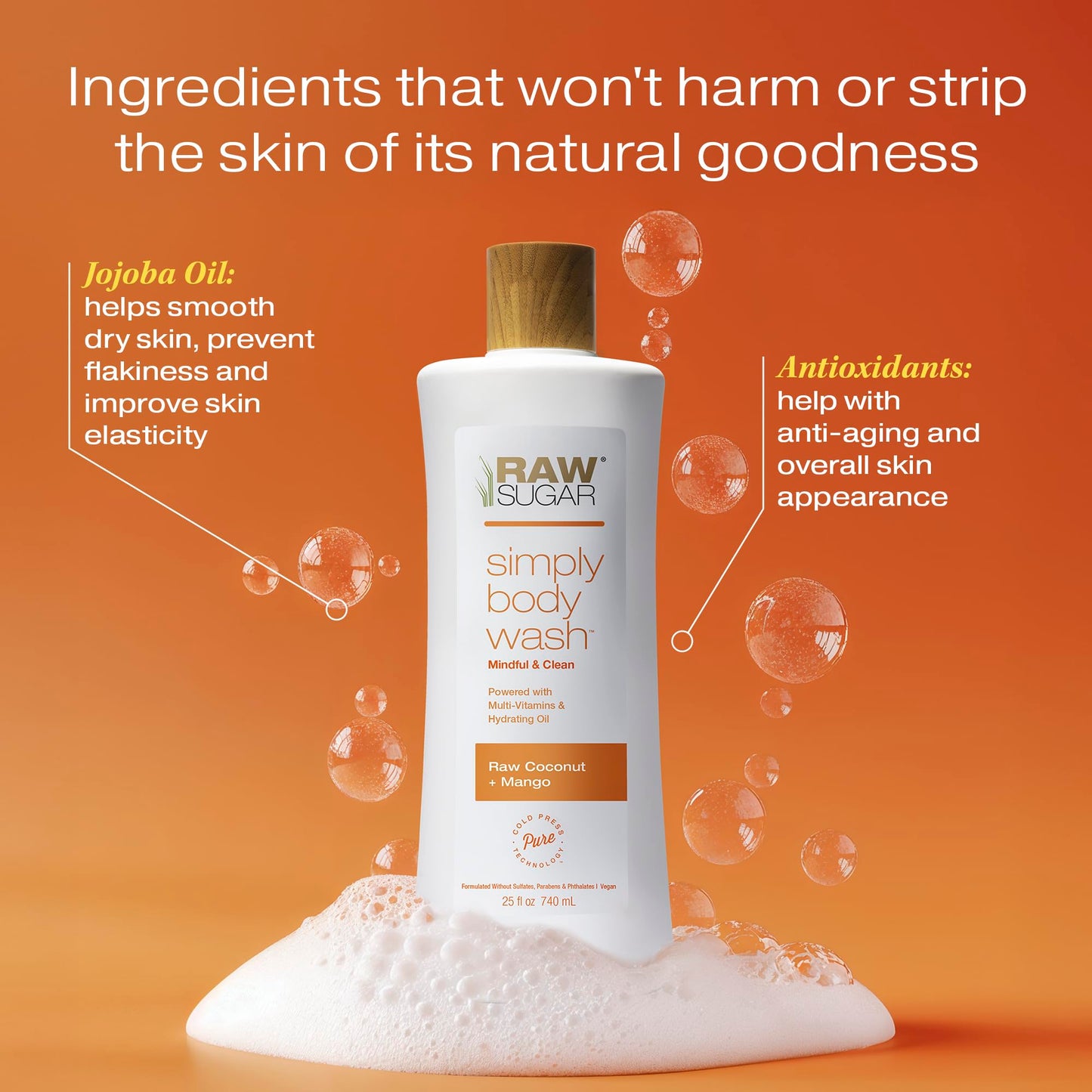 RAW SUGAR Simply Body Wash, (25 Fl Oz, Pack of 1) Bath Soap, Formulated without Sulfates & Parabens (Raw Coconut + Mango)