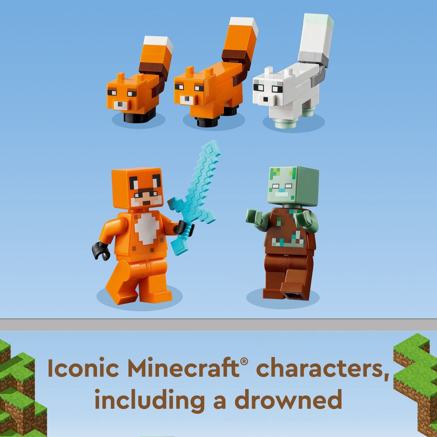 LEGO Minecraft The Fox Lodge House 21178, Animal Toy Building Set with Drowned Zombie Figure, Birthday Gift for Kids, Boys & Girls Ages 8+