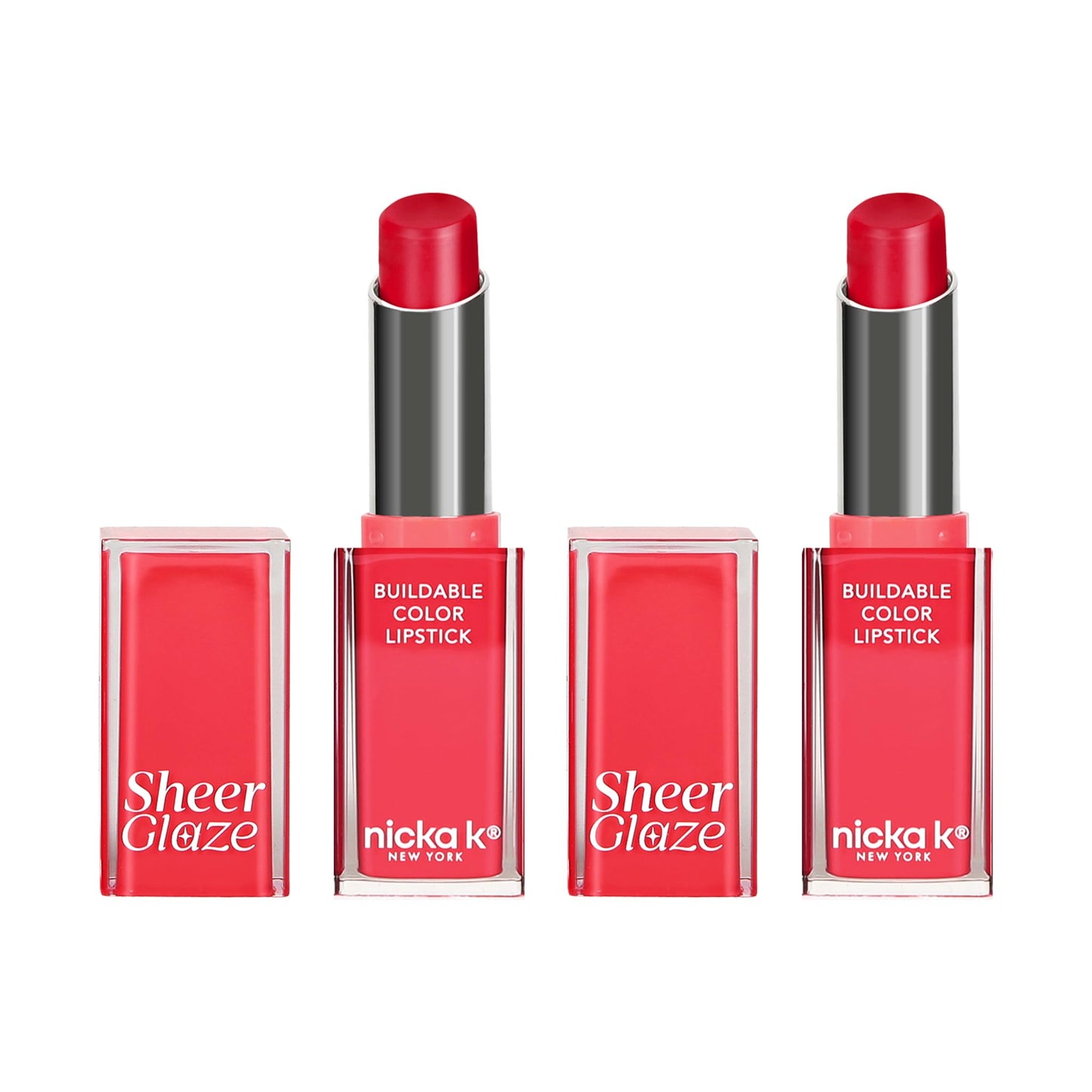 NICKA K NEW YORK Sheer Glaze Lipstick, Gloss, Balm, Tint, Buildable Color, Enhances Lips with a Dewy, Fresh Finish (Strawberry Red 2 Pack)