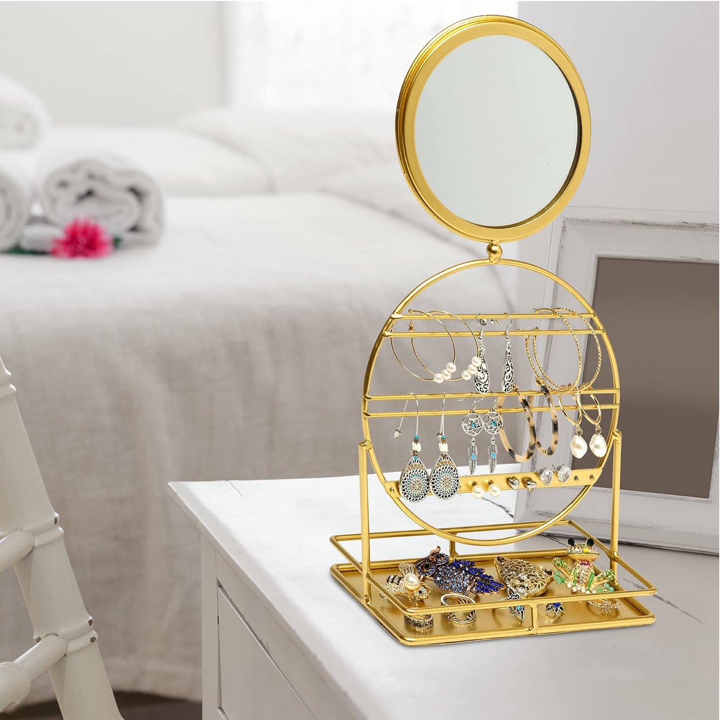 EXCELLO GLOBAL PRODUCTS Free Standing Tabletop Jewelry Organizer with Mirror: Bracelet, Necklace & Earring Storage Display for Bedroom or Vanity…
