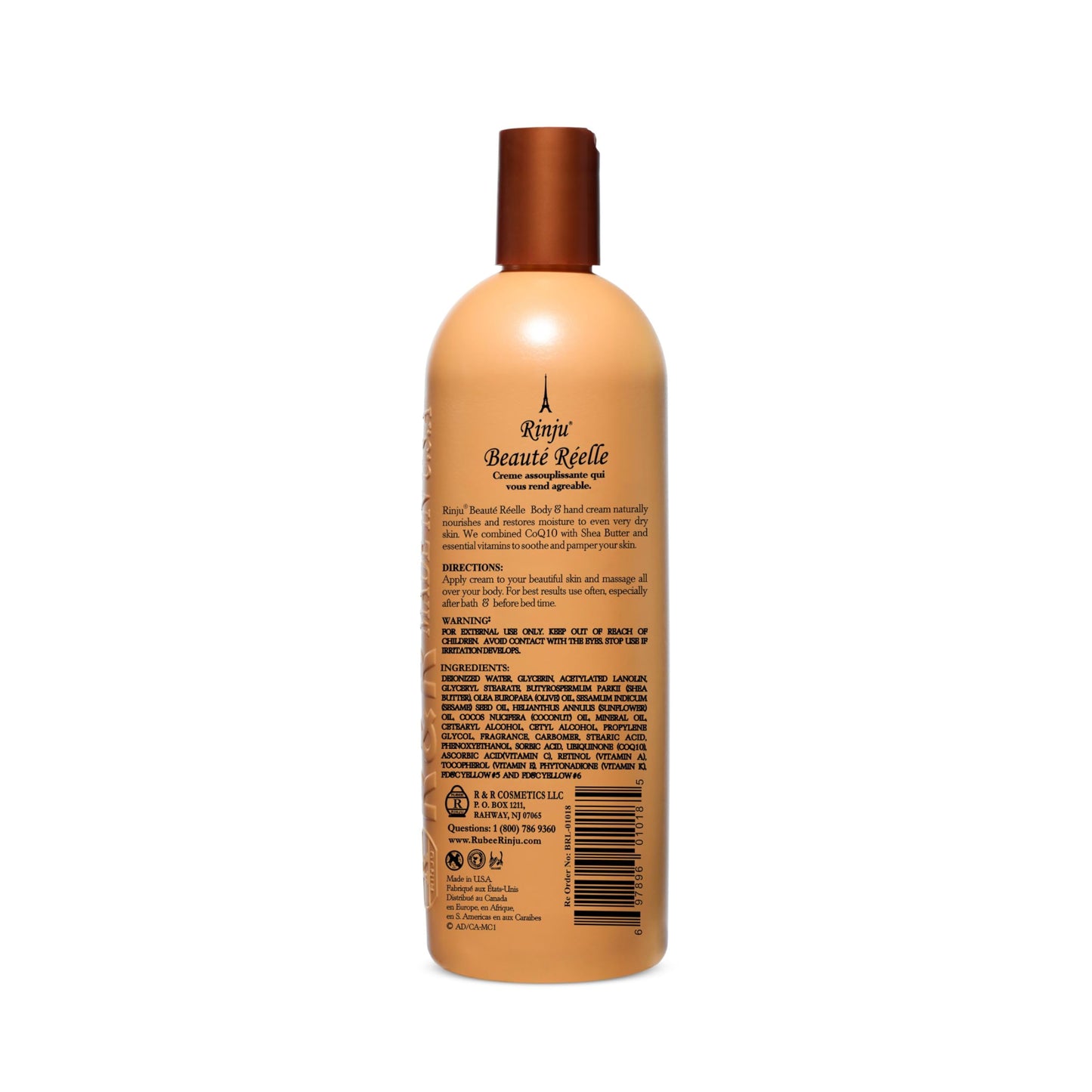 Rinju Beaute Reelle Body & Hand Cream - Non-Greasy Moisturizer for Women & Men - 16 Oz Shea Butter Cream for Extremely Dry Skin - CoQ10, Vitamin E, A